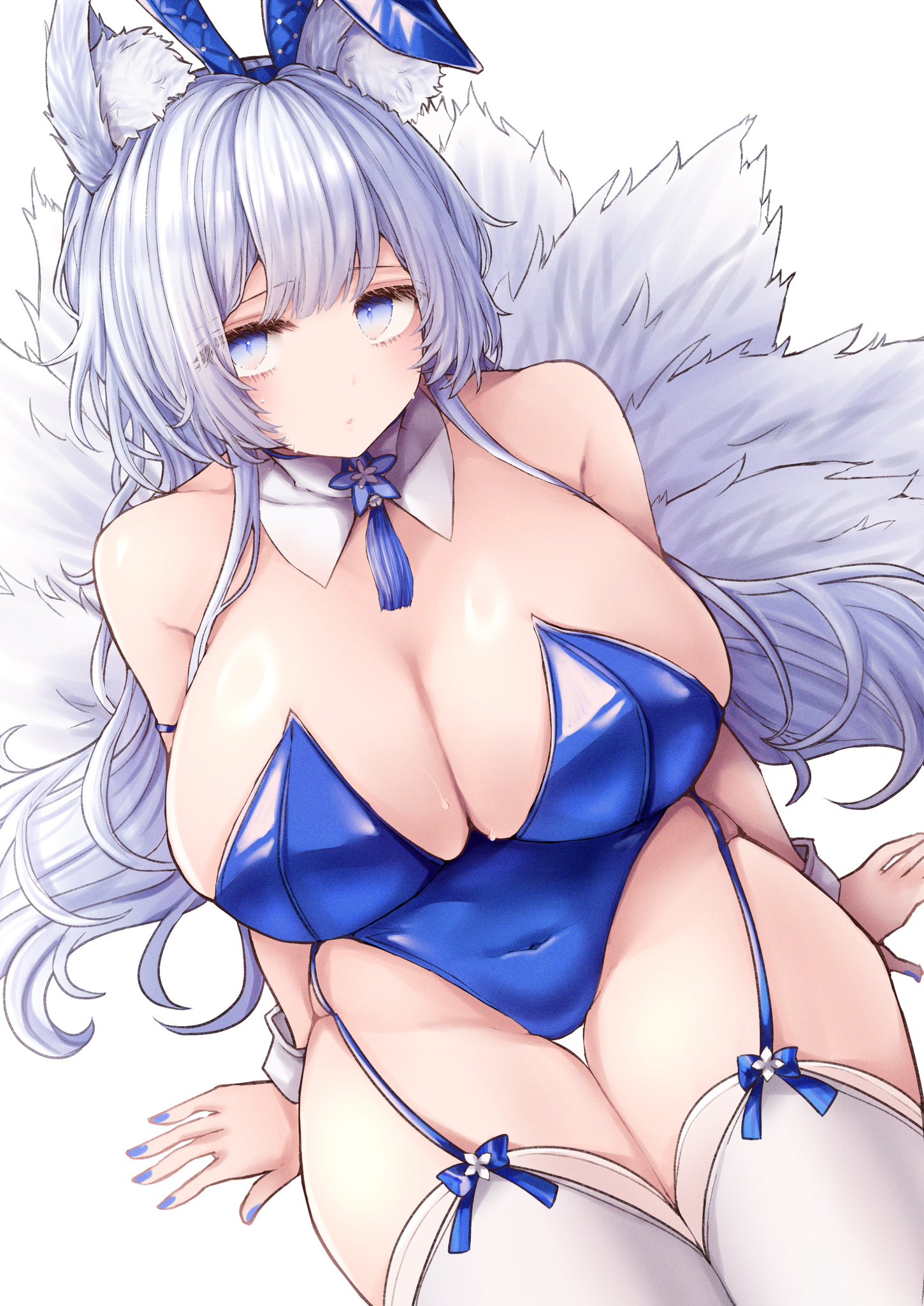 arm support, ass visible through thighs, azur lane, blue nails, blush, cleavage, curvy, cute, dot mouth, dutch angle, from above, hand at side, huge ass, huge breasts, plump, shinano (azur lane), shinano (visions of fantasy) (azur lane), sitting, thick thighs, voluptuous, wide hips