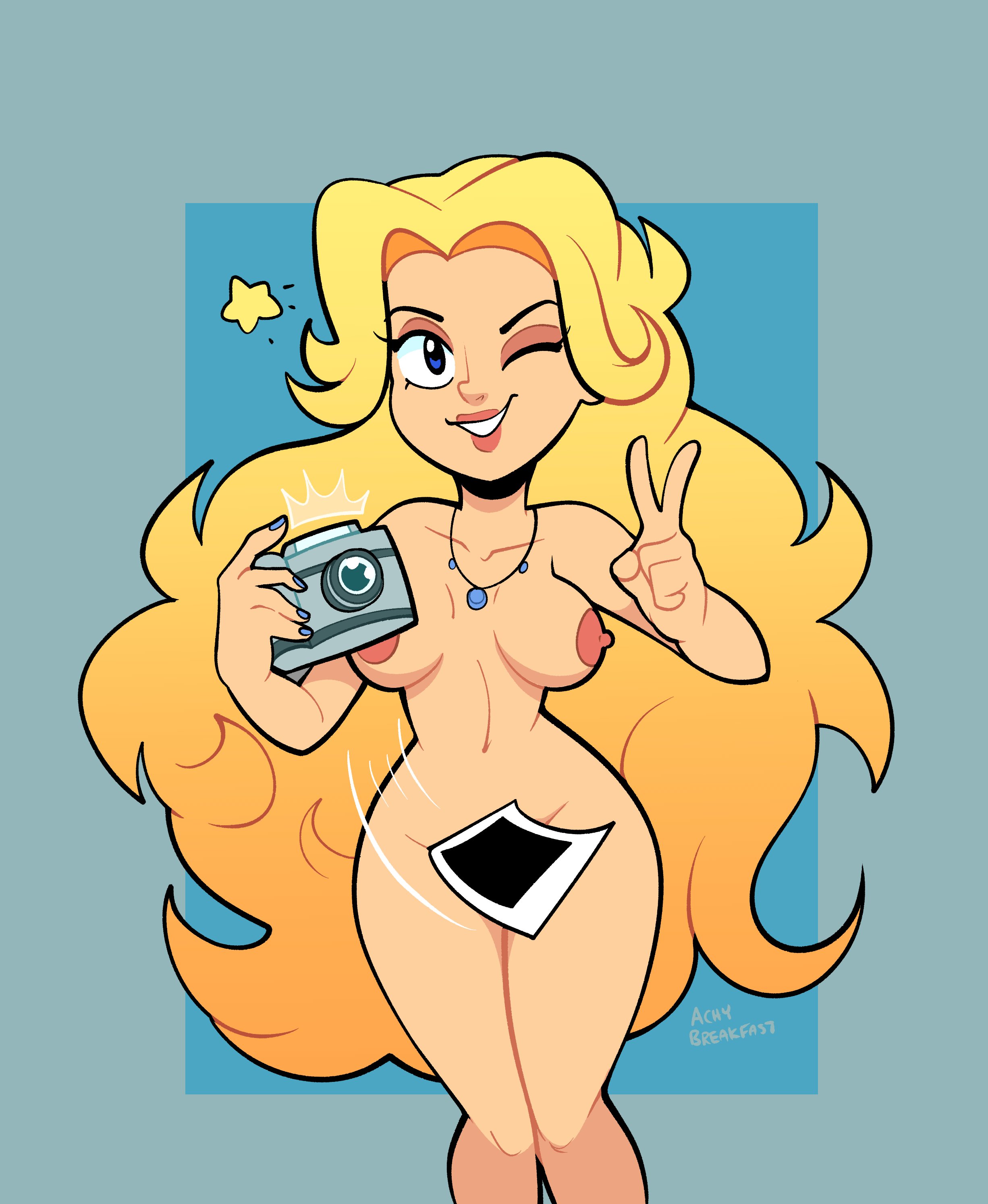 achybreakfast, blonde hair, camera, convenient censoring, female, haley (stardew valley), looking at viewer, necklace, nude, nude female, paincaked, polaroid, solo, solo female, stardew valley, wink