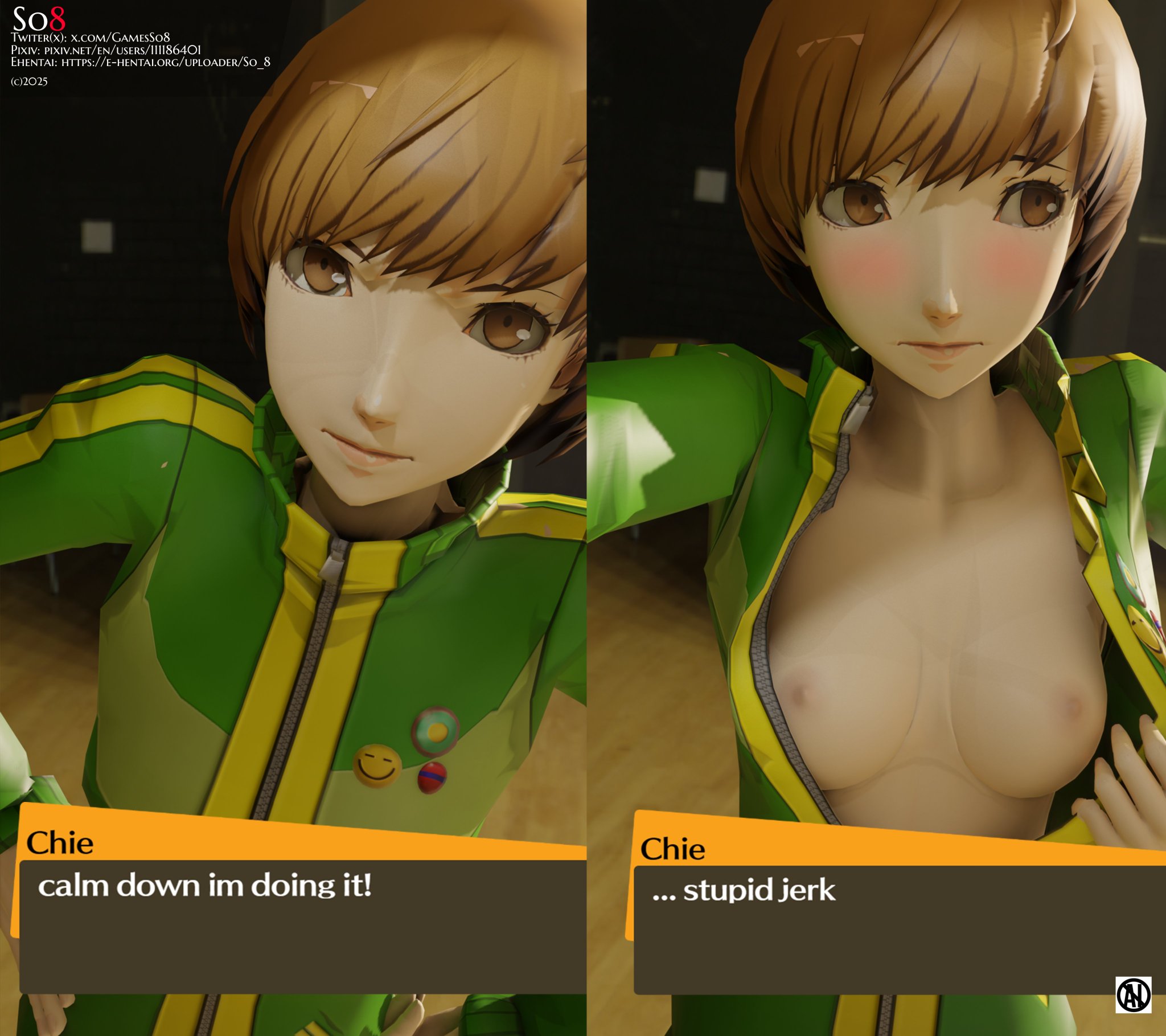 1girls, blushing, boobs, boobs out, breasts, breasts out, brown eyes, brown hair, gamesso8, looking at viewer, looking away from viewer, persona, persona 4, pink areola, pink nipples, satonaka chie, shirt open, so8, split screen, text, text box, tits, tits out, tomboy