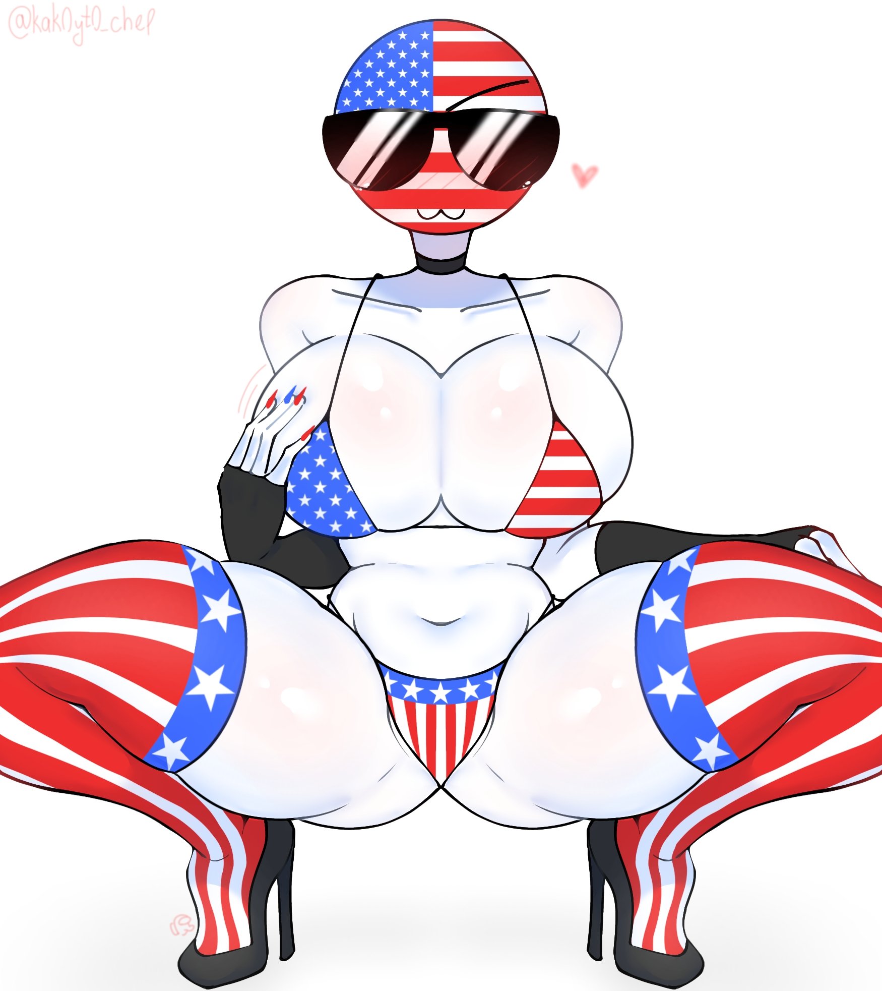 american flag bikini, bikini, countryhumans, countryhumans girl, flag bikini, flag print bikini, fourth of july, high heels, kak0yt0 chel, leggings, open legs, pussy towards viewer, sunglasses, united states of america (countryhumans)