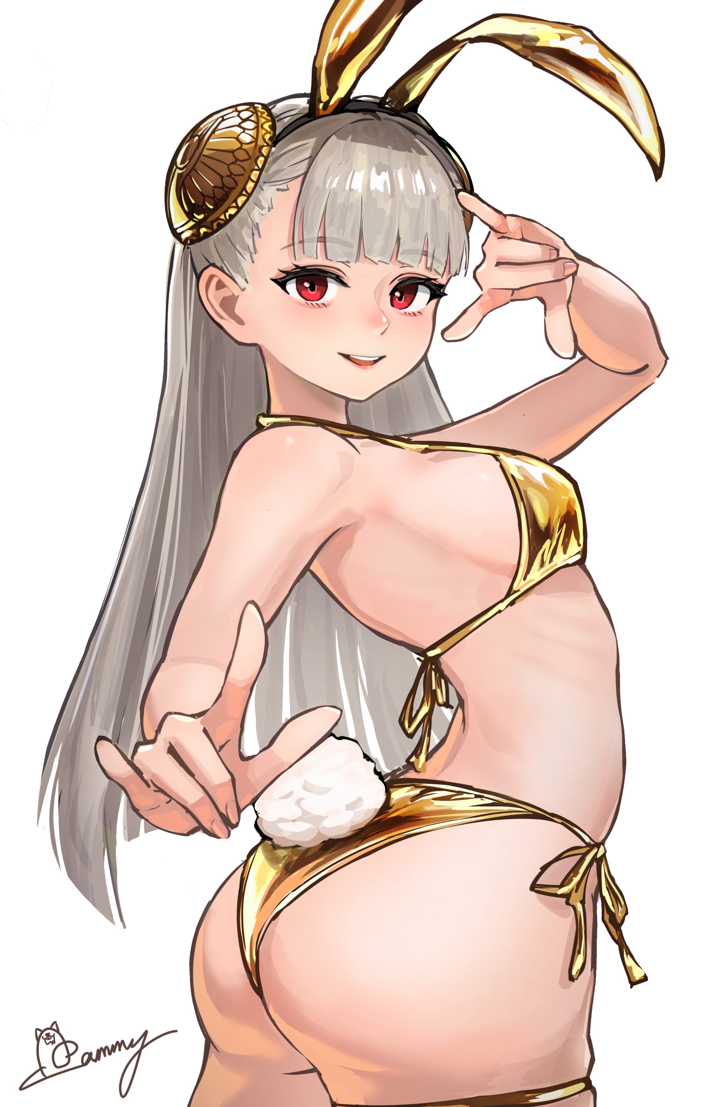 1girl, absurdres, animal ear hairband, animal ears, ap cammy, arm up, ass, bare shoulders, bikini, black hairband, breasts, capcom fighting jam, commentary request, fake animal ears, fake tail, gold bikini, golden week, grey hair, hairband, hairpods, halterneck, highres, ingrid (capcom), long hair, looking at viewer, medium breasts, open mouth, rabbit ears, rabbit tail, red eyes, ribs, side-tie bikini bottom, sideboob, signature, skindentation, smile, solo, street fighter, swimsuit, tail, teeth, thigh strap, upper teeth only, white background