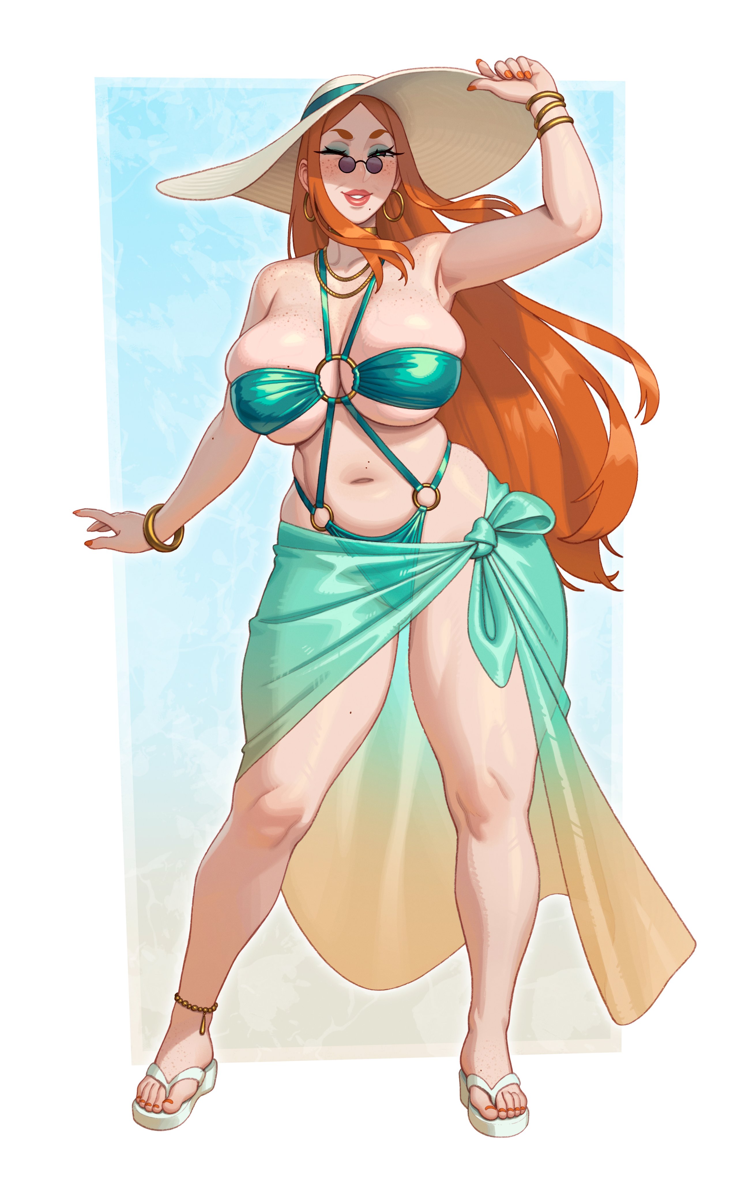 1girls, 2d, anne (rizdraws), big breasts, big thighs, bikini, breasts, busty, curvaceous, curvaceous female, curvy, curvy female, female, female only, hat, huge breasts, huge thighs, light skin, light-skinned female, mature female, milf, open toe footwear, open toe shoes, orange hair, original, original character, rizdraws, sandals, smile, smiling at viewer, solo, tagme, thick hips, thick legs, thick thighs, thighs, voluptuous, voluptuous female, white background, wide hips, wink, winking at viewer
