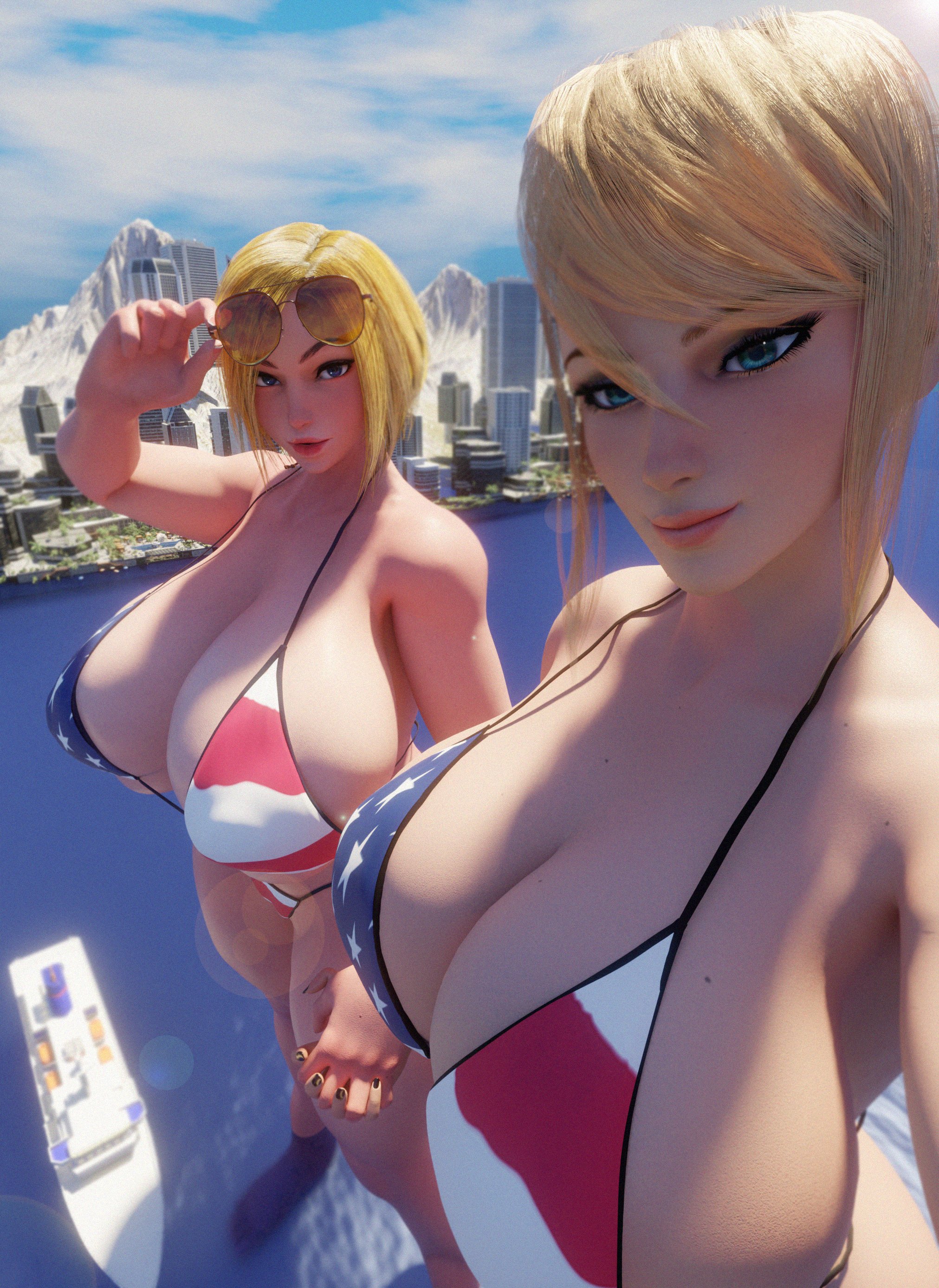 2girls, 3d, 3d (artwork), 4th of july, alien, alien girl, alien humanoid, alternate version, american flag bikini, big boobs, big breasts, blonde, blonde female, blonde hair, blonde-haired female, boobs, breasts, crossover, dc, dc comics, giant female, giant woman, giantess, huckleberry8181, huge boobs, huge breasts, human female, humann, kryptonian, large breasts, light skin, light-skinned female, metroid, nintendo, no text, no text version, power girl, powergirl, samus aran, scrag boy (model), scrag boy (style), scrag samus, superman (series), thick thighs, thighs, voluptuous, voluptuous female