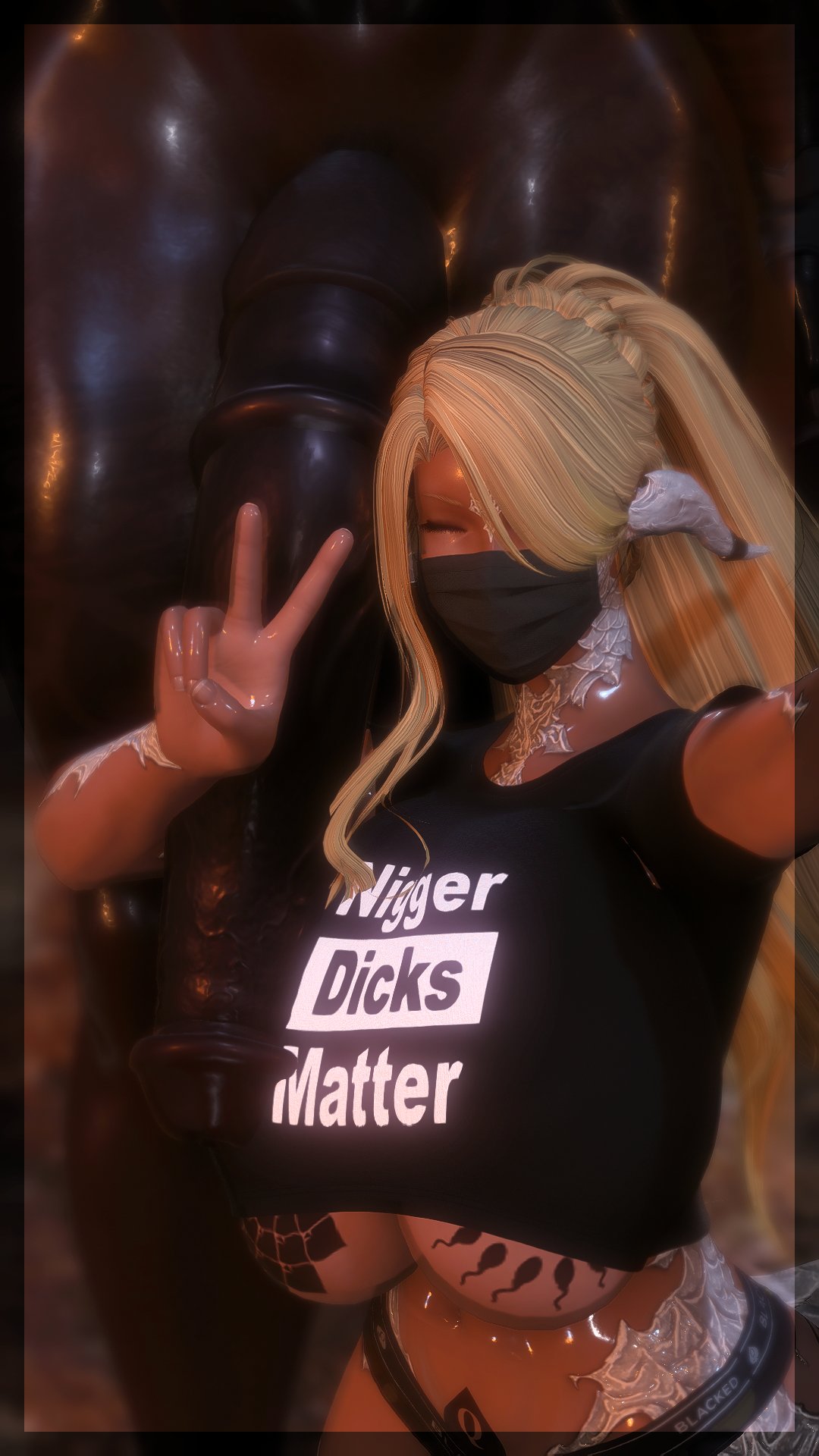 1futa, 1girls, 3d, au ra, big breasts, big penis, bimbo, black lives matter, black only, black owned, black shirt, blacked, blacked clothing, blacked female, blacked panties, blacked sports panties, blonde hair, boobs bigger than head, breeding slave, closed eyes, dark-skinned futa, face mask, facemask, ffxiv, final fantasy xiv, horn, horse penis, horsecock, horsecock futanari, horsecock on humanoid, imminent rape, imminent sex, interracial, kouhaku (character), mask, naked, nipple tattoo, panties, peace sign, public exposure, public indecency, public nudity, queen of spades, queen of spades symbol, queen of spades tattoo, raceplay, racial fetishization, racial slur, racism, rape me, rape slave, rapebait, self upload, selfie, shameless, slur, smiling at viewer, spadedkohakuxiv, sperm circle tattoo, tanned female, tanned skin, tattoo, tattoo on breast, tattoo on chest, the n word, underboob, underboob shirt, whore of light
