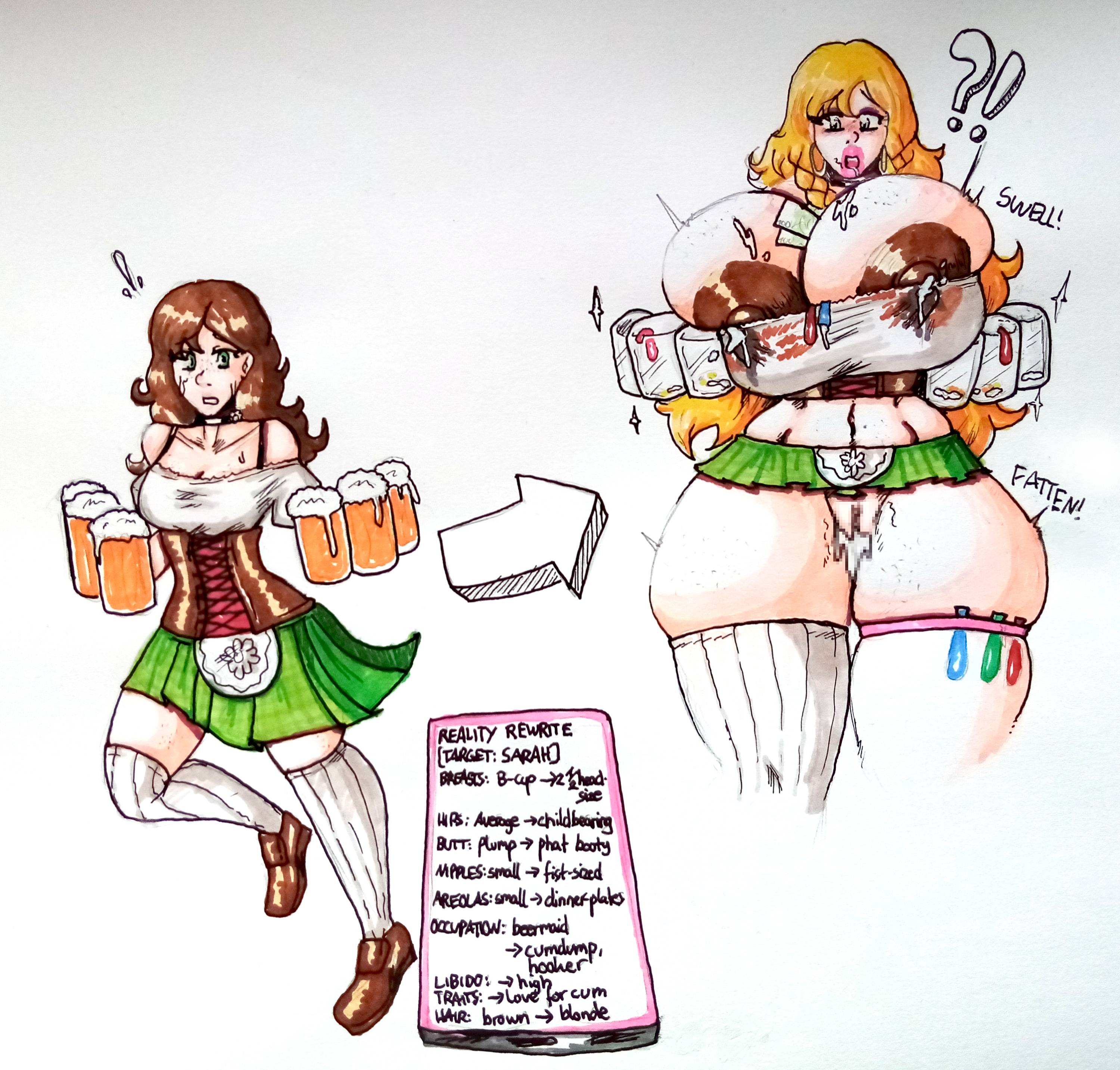 1girls, barmaid, before and after, bimbo, bimbofication, breast expansion, english text, female, female only, gigantic breasts, huge breasts, medium breasts, nipples, schinkn, solo, text, thick thighs, thigh expansion, transformation, transformation sequence