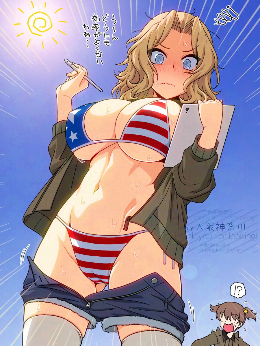 alisa (girls und panzer), bikini, blush, girls und panzer, ipad, kay (girls und panzer), saunders military uniform, school uniform, schoolgirl, stylus, sun, sunlight, two females