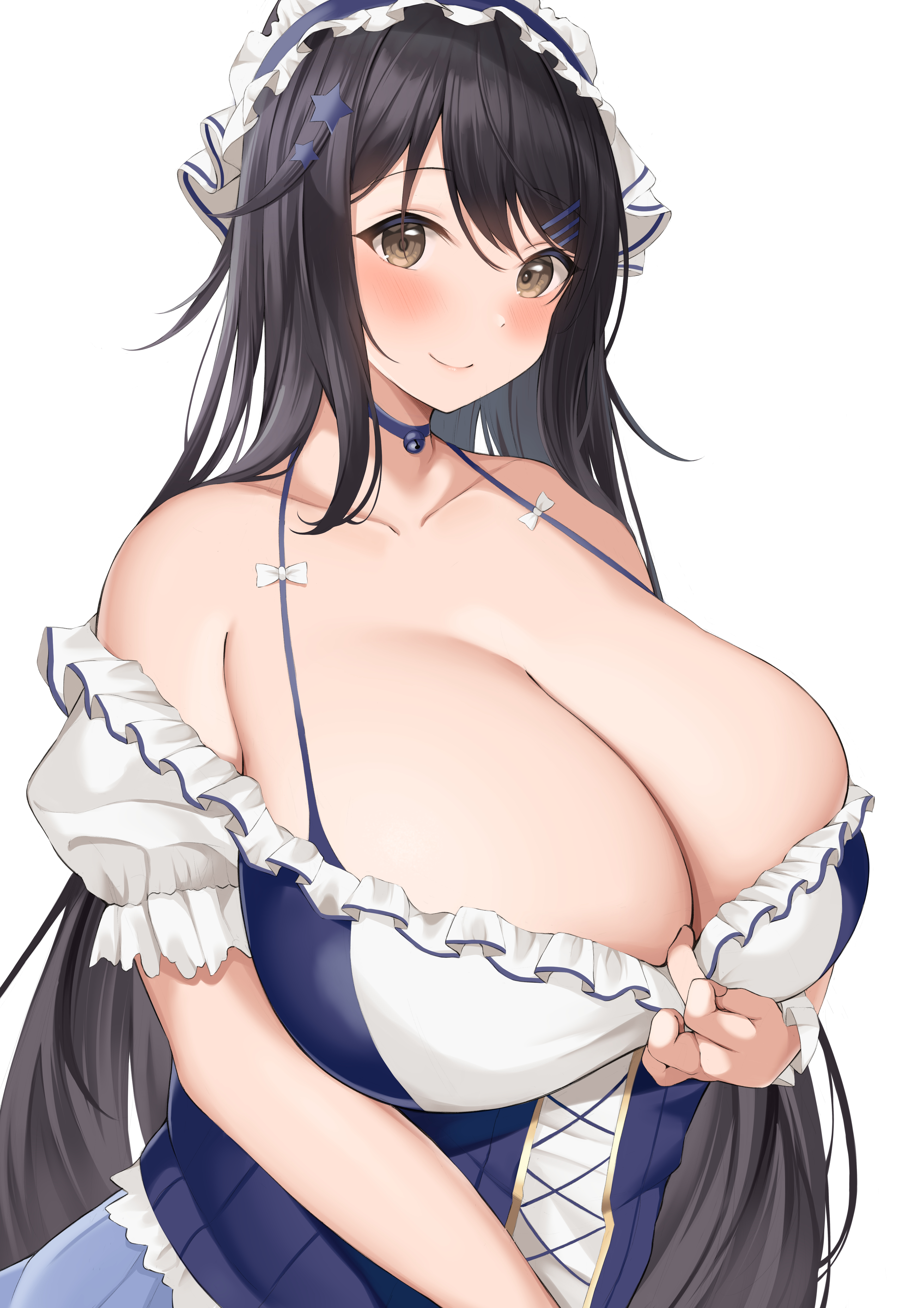 1girls, 2022, black hair, blush, breasts, cleavage, female, female only, hazel eyes, hi res, huge breasts, long hair, maid, maid headdress, neneneji, original, original character, smile