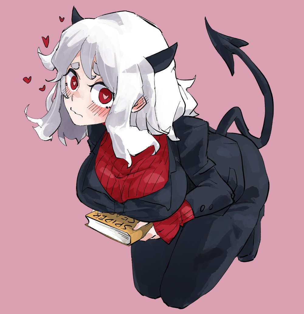 big breasts, blush, blushing, blushing at viewer, book, breasts, demon, demon girl, demon tail, female, heart eyes, helltaker, horns, huge breasts, modeus (helltaker), red eyes, short hair, straight hair, white hair
