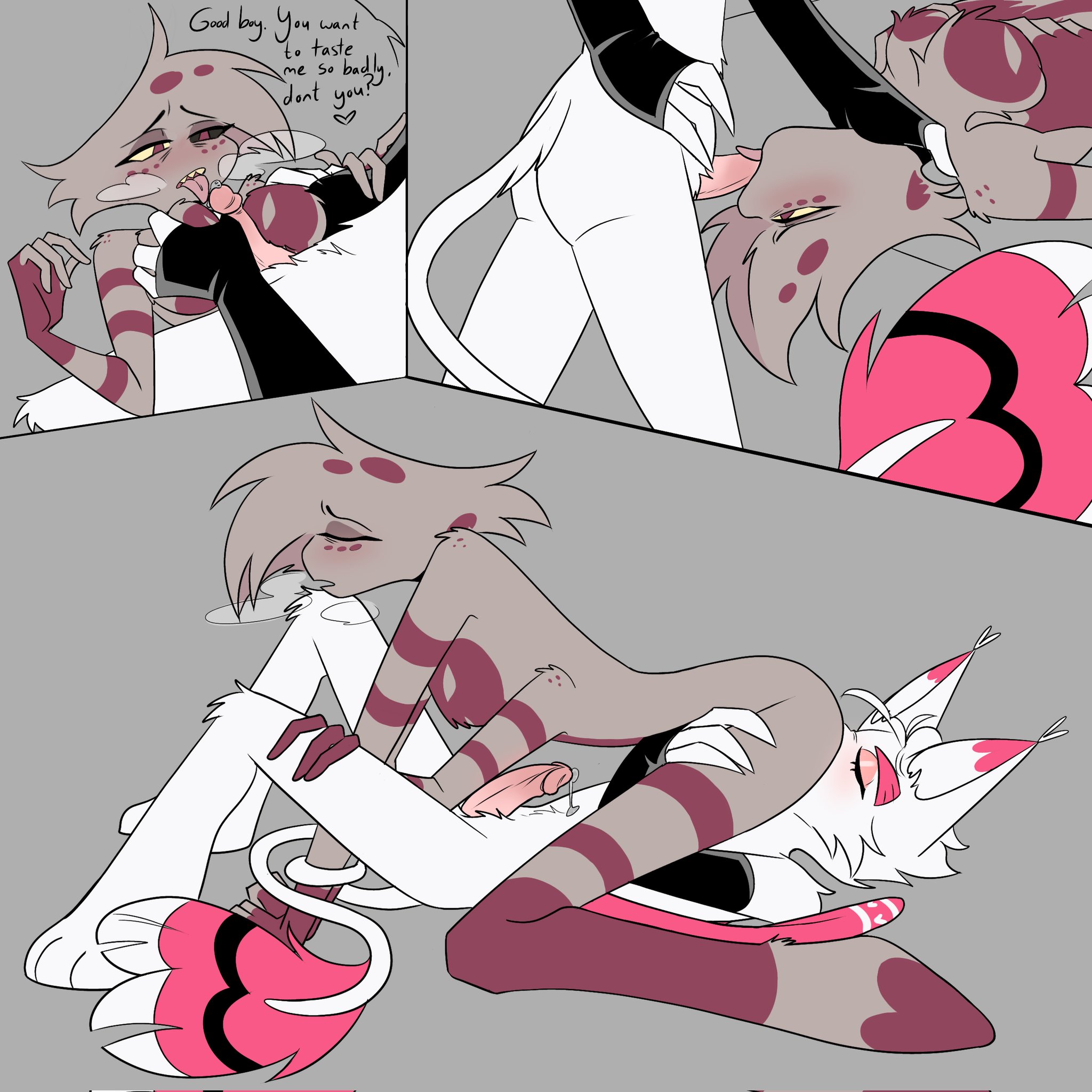 2boys, alternate color, angel dust (hazbin hotel), artist request, blowjob, breastjob, comic, femboy, gay, gay sex, hazbin hotel, holding throat, husk (hazbin hotel), licking ass, male, male with breasts, penis, yaoi