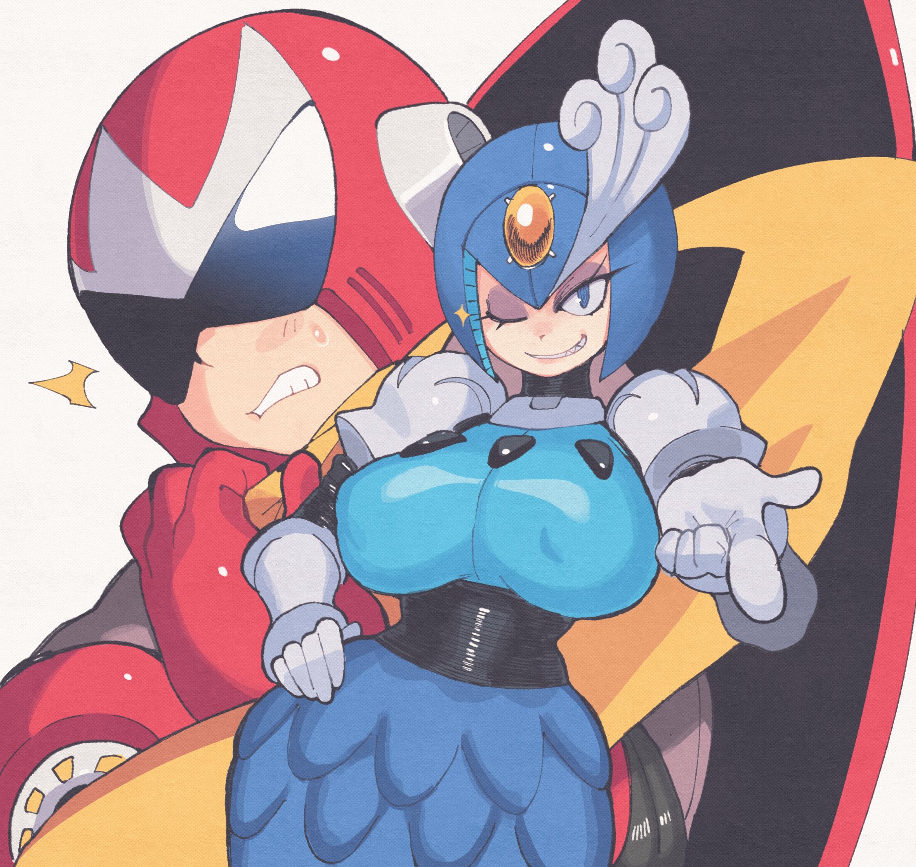 1girls, android, big breasts, breasts, cleavage, female, helmet, inkerton-kun, inkuusan, long gloves, looking at viewer, mega man, mega man (classic), merfolk, mermaid, mole, mole on breast, proto man, robot, splash woman, wide hips
