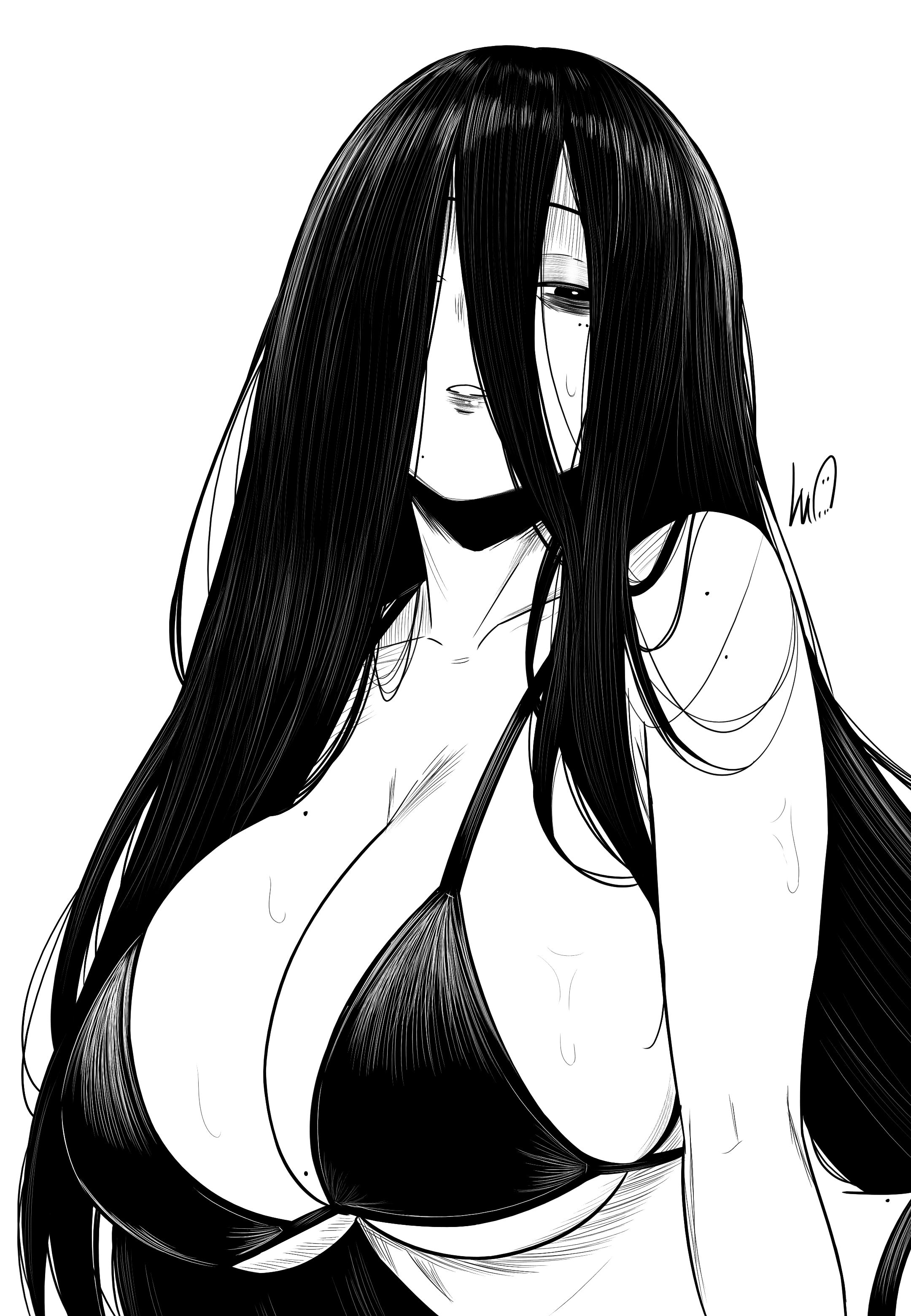 1girls, 2d, black bikini, black hair, ghost girl, hair over one eye, large breasts, lughost, mole on breast, mole under eye, oc, tagme