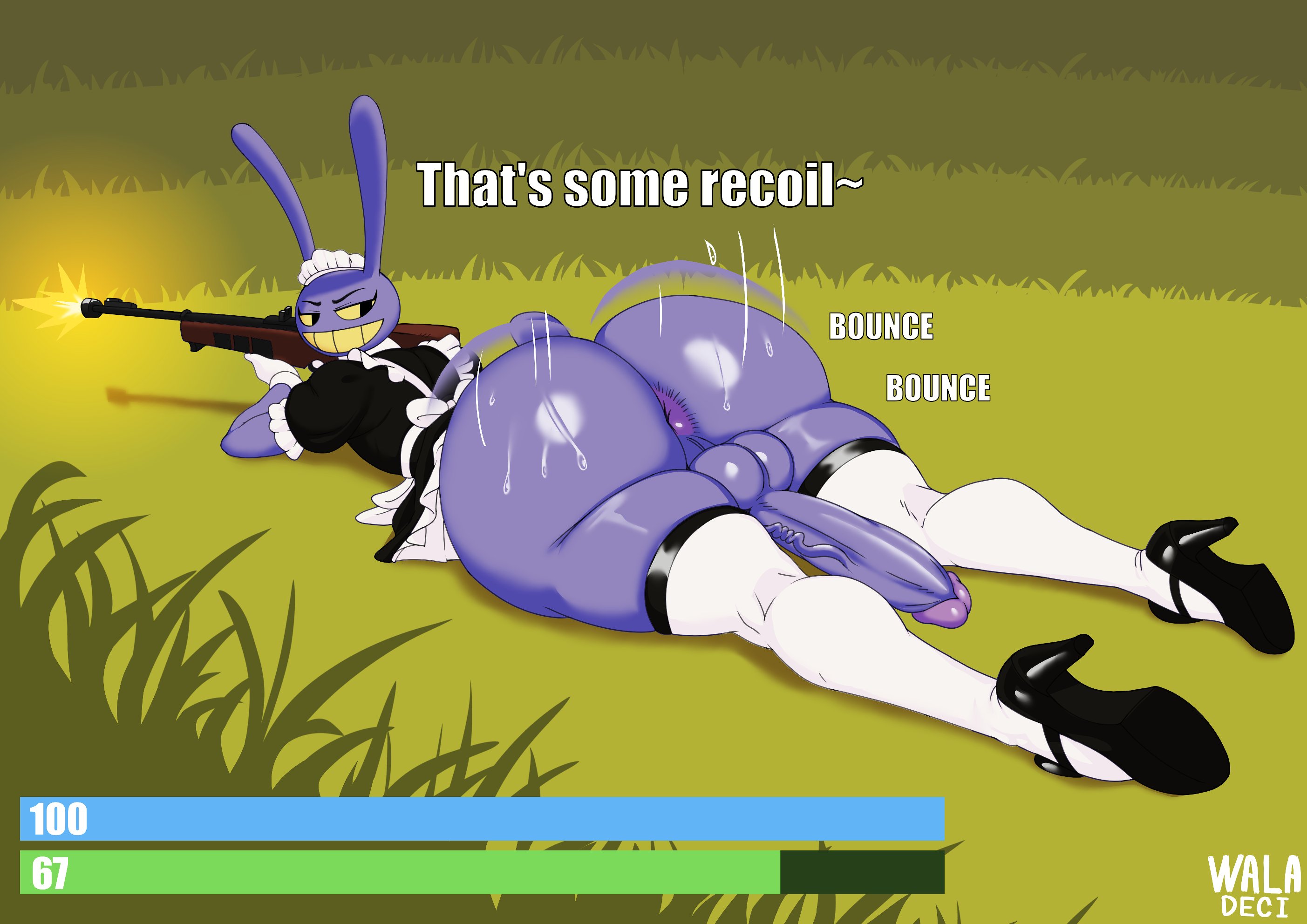 1boy, 2020s, 2026, 2d, animal humanoid, anthro, anthro focus, anthro male, anthro only, anus, arms, artist logo, artist name, artist signature, ass, ass focus, ass jiggle, ass shake, asshole, background, balls, ballsack, big ass, big balls, big butt, big cock, big dick, big ears, big hips, big penis, big testicles, big thighs, boner, bottomless, bottomless male, bubble ass, bubble butt, bunny, bunny boy, bunny ears, bunny tail, butt, butt focus, butt jiggle, butt shake, butthole, circumcised, clothing, cock, collaboration skins, color, colored, dialog, dialogue, dick, digital art, digital drawing (artwork), digital media, digital media (artwork), dress, english, english commentary, english dialogue, english text, epic games, erect cock, erect dick, erect penis, erection, eyebrows, eyelashes, eyes, eyes open, fat ass, fat butt, femboy, femboy maid, fingers, footwear, fortnite, fortnite: battle royale, furry, furry focus, furry male, furry only, gay, genitals, glitch productions, gloves, grass, grass field, gun, hands, handwear, headwear, health bar, heels, hi res, high heels, hips, huge ass, huge balls, huge butt, huge cock, huge dick, huge hips, huge penis, huge testicles, huge thighs, jax (the amazing digital circus), jiggle, jiggling, jiggling ass, jiggling butt, lagomorph, large ass, large butt, large hips, large thighs, laying, laying down, laying on floor, laying on ground, laying on stomach, legs, legwear, leporid, long ears, looking back, lying, lying on stomach, maid, maid apron, maid cap, maid dress, maid headdress, maid jax (the amazing digital circus), maid outfit, maid uniform, male, male focus, male only, mammal, motion, motion lines, motion outline, mouth, mouth open, movement, movement lines, no nose, on front, open mouth, open smile, outdoors, outside, penis, plant, purple body, purple skin, purple-skinned male, rabbit, rabbit boy, rabbit ears, rabbit humanoid, rabbit tail, rifle, scrotum, shaded, shaking, shaking ass, shaking butt, shoes, shooting, shooting gun, smile, smiling, smug grin, sniper, sniper rifle, solo, solo focus, solo male, stockings, sweat, sweatdrop, sweating, sweaty, sweaty ass, sweaty butt, tagme, teeth, teeth showing, teeth visible, testicles, text, the amazing digital circus, thick, thick ass, thick butt, thick cock, thick dick, thick hips, thick legs, thick penis, thick thighs, thighs, topwear, uniform, vein, veins, veiny, veiny cock, veiny dick, veiny penis, video games, waladeci, weapon, wide ass, wide butt, wide hips, wide thighs, yellow sclera, yellow teeth
