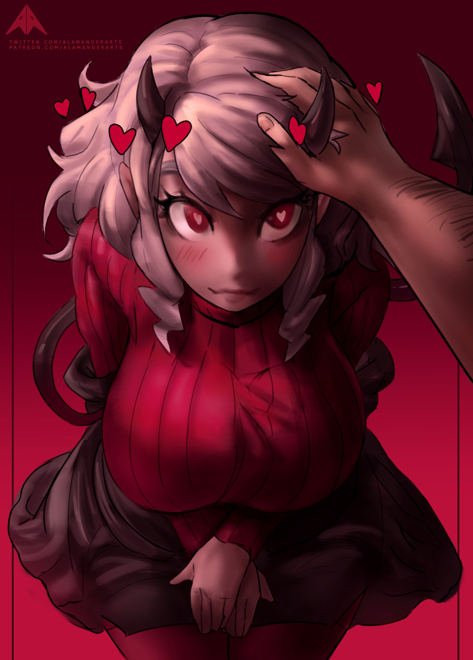 <3 eyes, 2021, 5 fingers, absurd res, alamanderarts, artist name, big breasts, blush, breasts, clothed, clothing, demon, demon humanoid, duo, eyelashes, faceless character, faceless male, female, fingers, first person view, fully clothed, hair, head pat, heart, helltaker, hi res, horn, humanoid, jacket, male, modeus (helltaker), pink hair, pov, red eyes, sfw, short hair, smile, spade tail, sweater, text, topwear, url