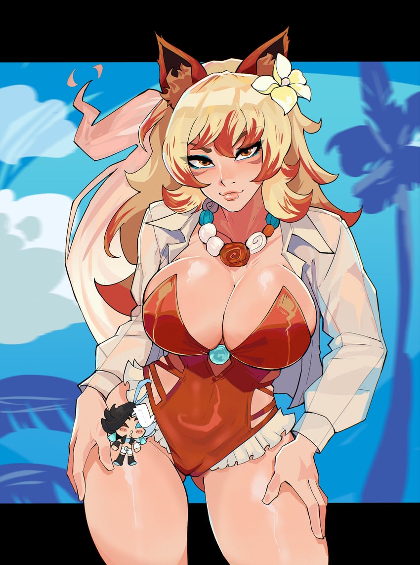 2d, 2d (artwork), ami han, animal ears, ass visible through thighs, blonde hair, breasts, character charm, charm (object), cleavage, closed mouth, fox ears, fox girl, fox tail, kumiho, large breasts, long hair, looking at viewer, luna snow, luna snow (marvel rivals), marvel, marvel comics, marvel rivals, official alternate costume, one-piece swimsuit, red one-piece swimsuit, see-through clothes, seol hee, shirt, smile, solo, swimsuit, tail, video games, white fox (coastal kumiho), white fox (marvel rivals), white fox (marvel), white shirt, wide hips