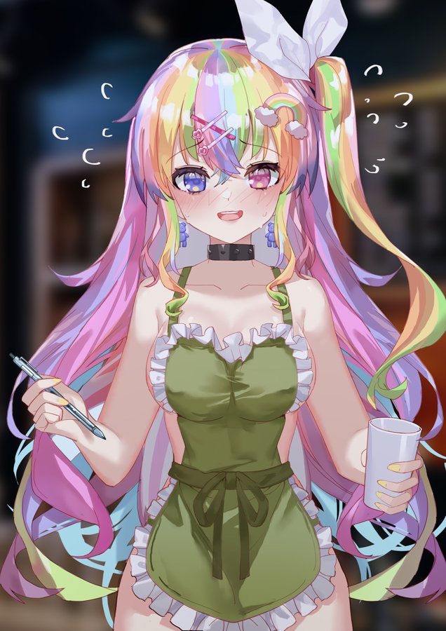 ally ally_(youtuber) allygenv apron_lifted big_breasts blush iced_latte_with_breast_milk rainbow_hair virtual_youtuber vtuber