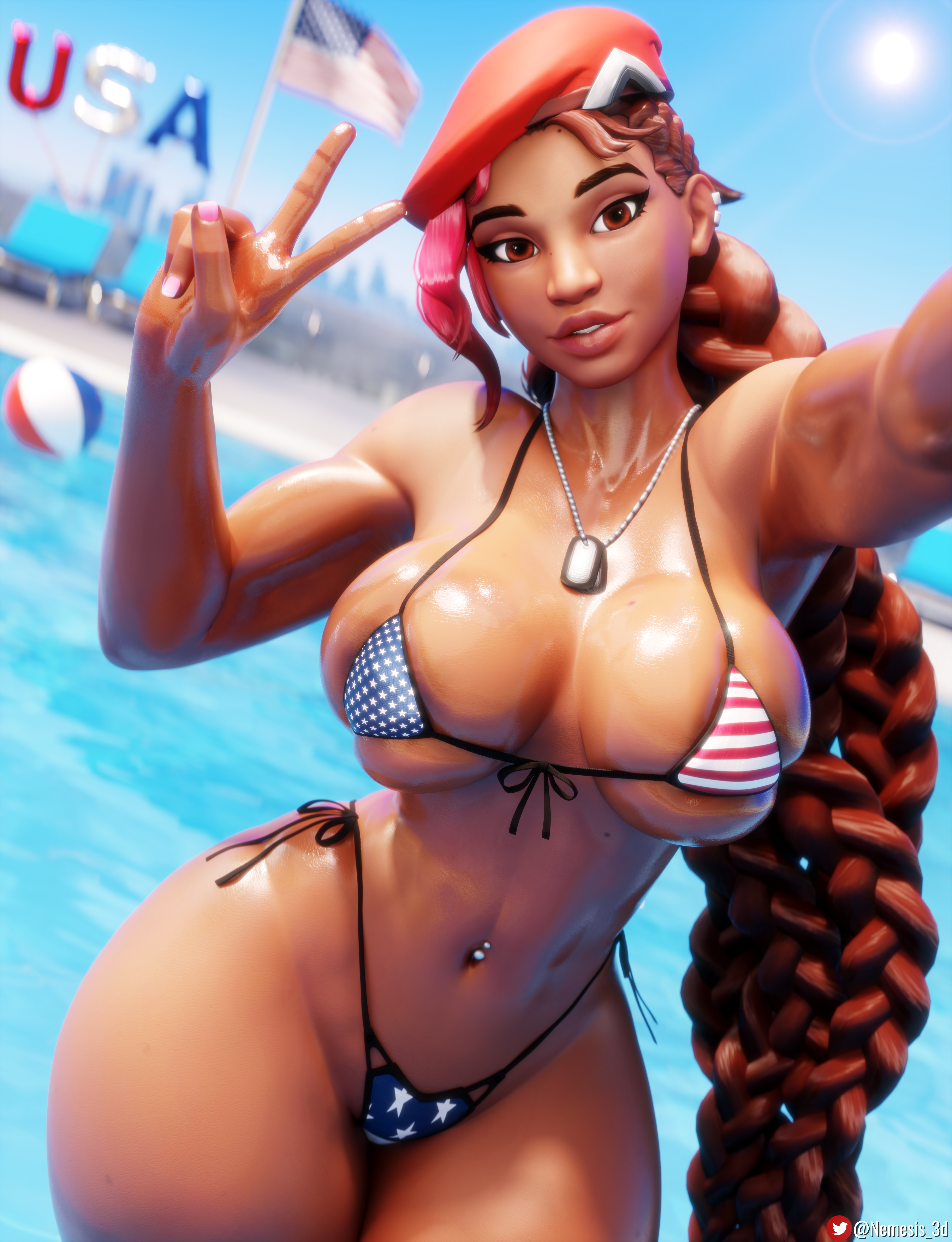 1girls, 3d, 4th of july, absurd res, american flag bikini, beret, big breasts, bikini, braided hair, breast squish, breasts, dark skin, dark-skinned female, dog tags, female, female only, hi res, highres, long hair, looking at viewer, navel piercing, nemesis 3d, overwatch, overwatch 2, peace sign, shiny, sierra (overwatch), solo, solo female, thick thighs, thighs, toned female, v sign, very long hair, wide hips