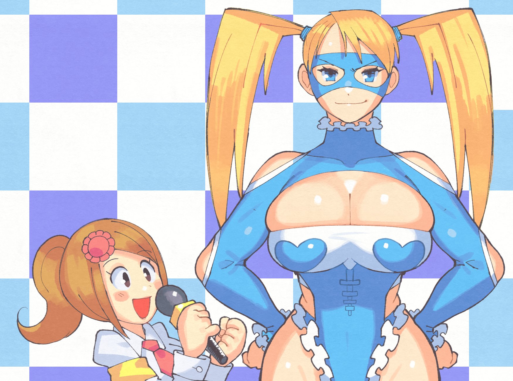 2girls, big breasts, blonde hair, breasts, brown hair, cleavage, cleavage cutout, clothed, clothed female, duo, female, female only, hi res, highres, hips, hourglass figure, inkerton-kun, inkuusan, leotard, multiple girls, muscular, muscular female, pose, rainbow mika, reporter (rhythm tengoku), rhythm heaven, rhythm tengoku, street fighter, street fighter alpha, thighhighs, thighs, twintails, voluptuous, voluptuous female