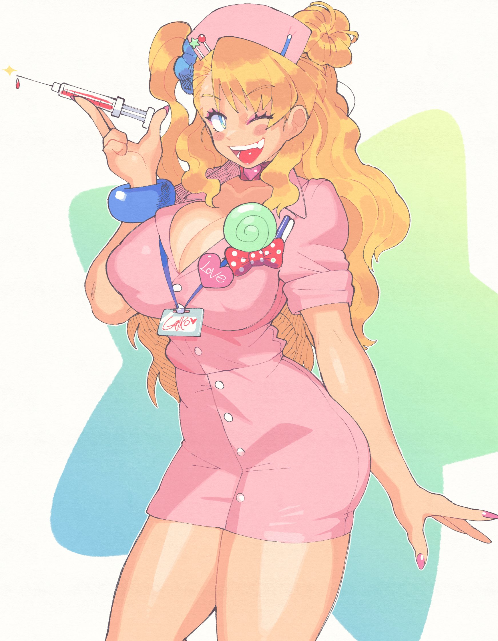1girls, big breasts, bikini, blonde hair, breasts, female, female focus, female only, galko, huge breasts, inkerton-kun, inkuusan, light skin, light-skinned female, long hair, nurse, nurse cap, nurse uniform, oshiete! galko-chan, thick thighs, voluptuous, voluptuous female