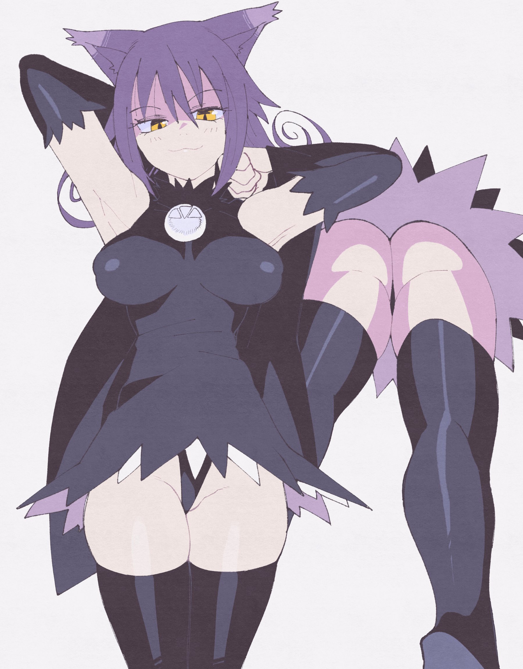 :3, 1girls, ass, bare shoulders, black dress, black legwear, black thighhighs, blair (soul eater), blush, breasts, cat ears, catgirl, closed mouth, detached sleeves, dress, female, female only, hair between eyes, hi res, highres, huge breasts, inkerton-kun, inkuusan, kemonomimi, large breasts, leaning forward, long hair, looking at viewer, nipple bulge, panties, paw pose, purple hair, shiny skin, skindentation, slit pupils, smile, solo, soul eater, thighhighs, white background, witch, yellow eyes