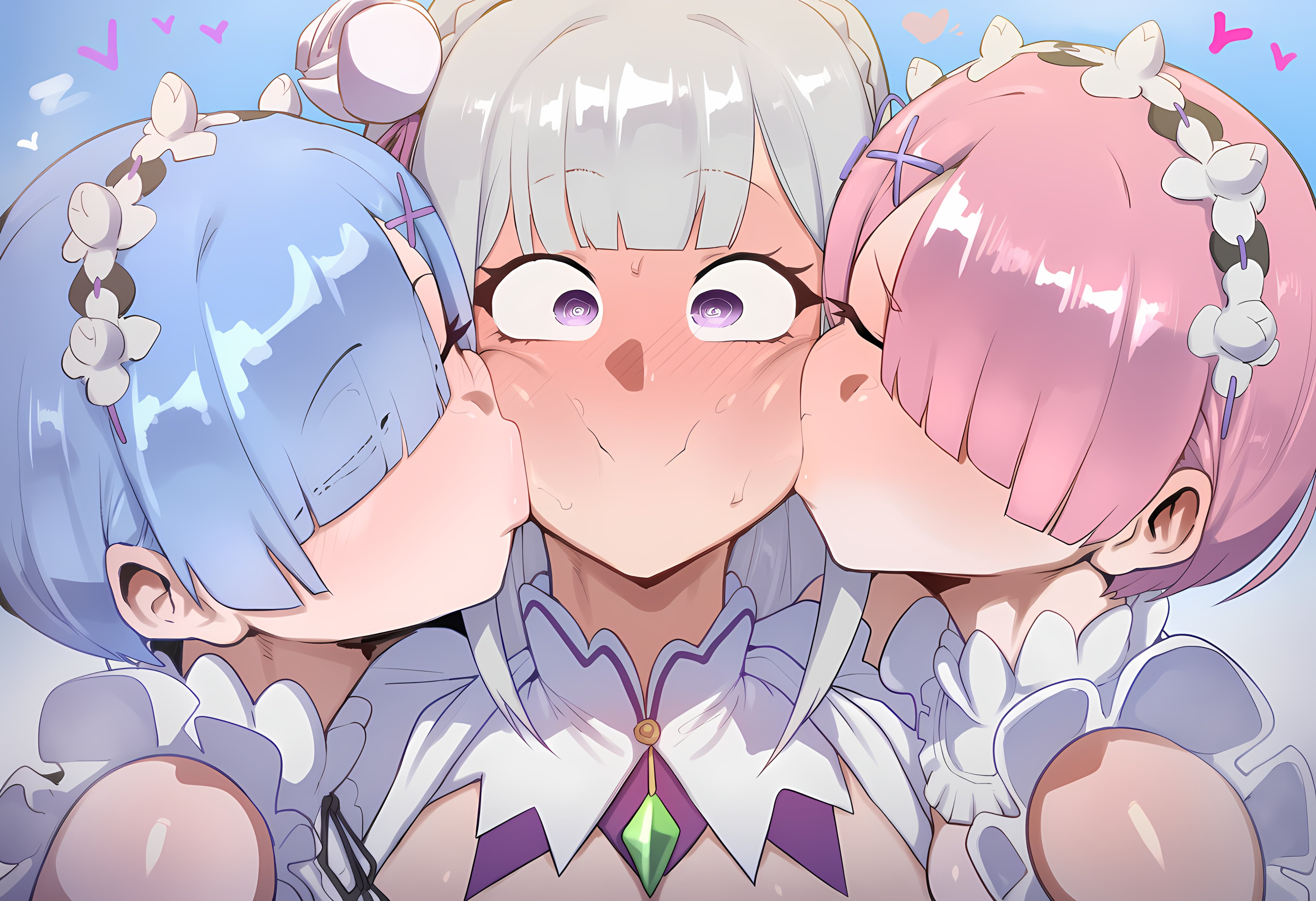 2d, 2d (artwork), 2d artwork, 3girls, ai, ai art, ai assisted, ai generated, ai-created, blizzie ai, blue hair, blue hair female, blush, blushing, blushing female, emilia (re:zero), female/female/female, kiss on cheek, kissing cheek, light skin, light-skinned female, pink hair, pink hair female, ram (re:zero), re:zero kara hajimeru isekai seikatsu, rem (re:zero), white hair, white hair female, yuri