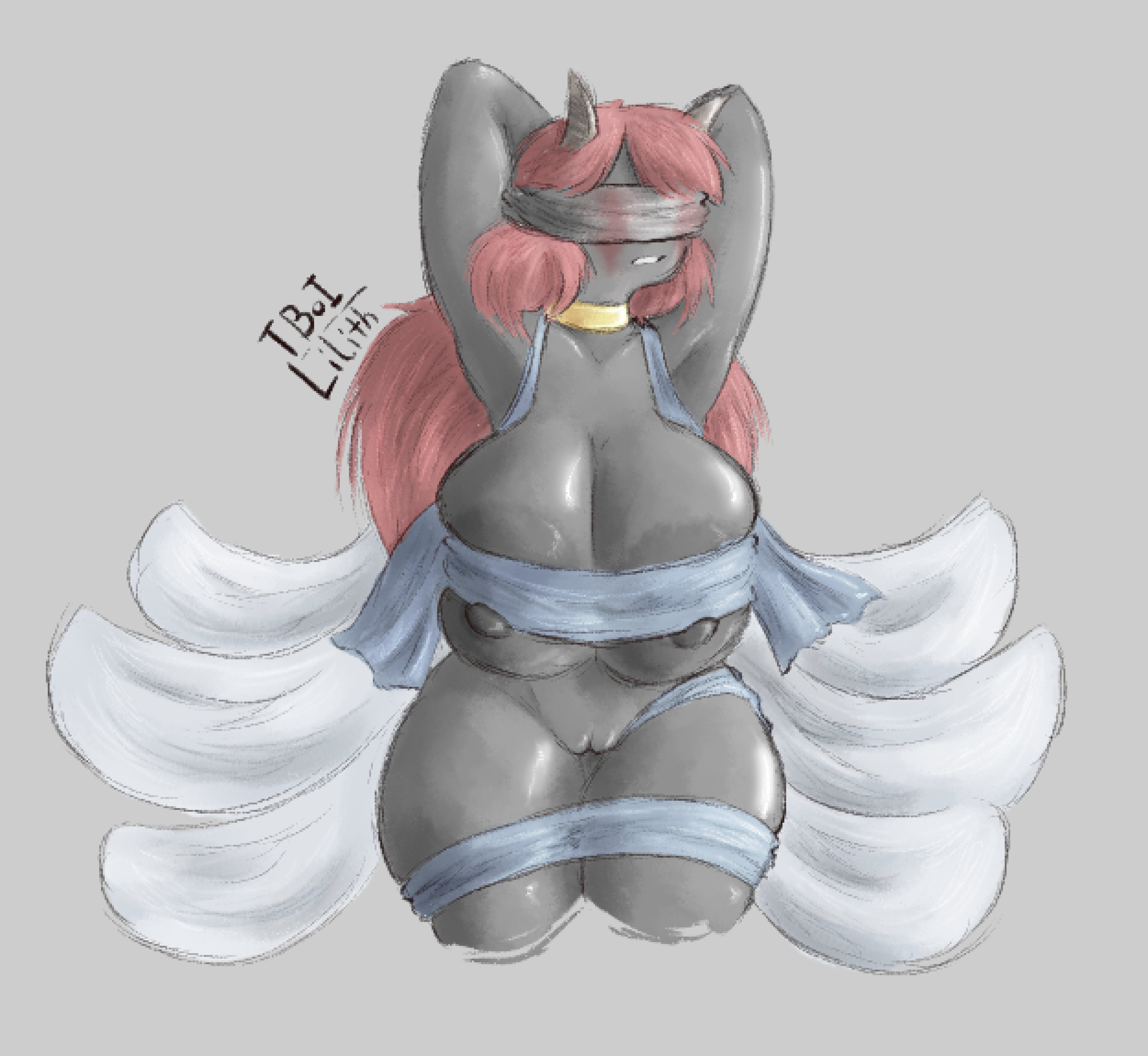 black body, breasts bigger than head, cleavage, dark-skinned female, demon, demon girl, demon horns, gigantic breasts, horn, huge breasts, lilith (the binding of isaac), red hair, the binding of isaac, thick thighs, yourstrulygarbage