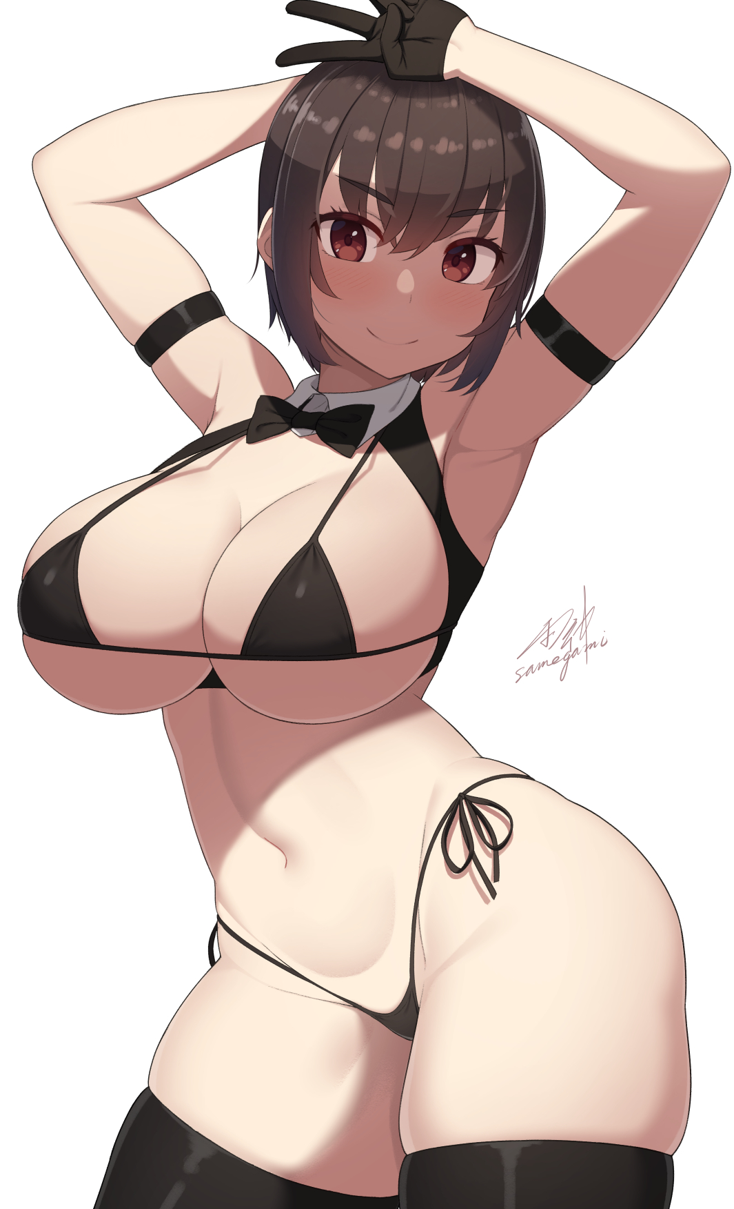 1girls, 2022, artist signature, bikini, black bikini, breasts, brown eyes, brown hair, cleavage, female, female only, hips, huge breasts, original, original character, samegami, short hair, slim waist, thick thighs, thighs, wide hips