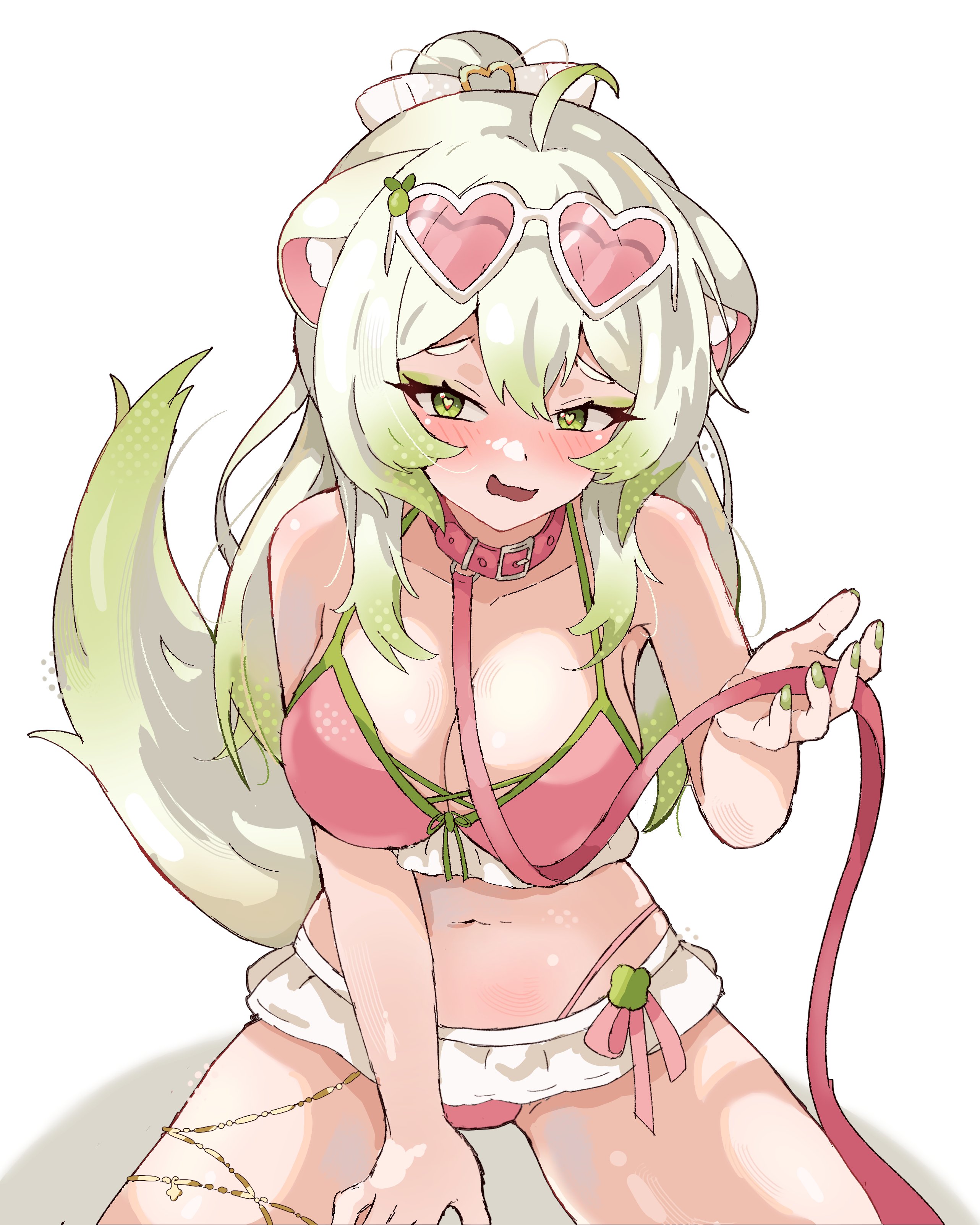 1girls, absurd res, ahoge, animal ears, aroused, big breasts, bikini, blush, breasts, cleavage, collar, ddrawins, eyewear on head, female, ferret ears, ferret girl, ferret tail, frilled bikini, frills, good girl, gradient hair, green eyes, green hair, green tail, hair between eyes, heart, heart-shaped eyewear, heart-shaped pupils, hi res, horny, indie virtual youtuber, laimu, laimu (summer), large breasts, leash, looking at viewer, multicolored hair, navel, open mouth, pet play, pink bikini, pink collar, pink-tinted eyewear, ponytail, sidelocks, solo, stomach, sunglasses, swimsuit, symbol-shaped pupils, thighs, tinted eyewear, tits, virtual youtuber, vtuber, white background, white hair