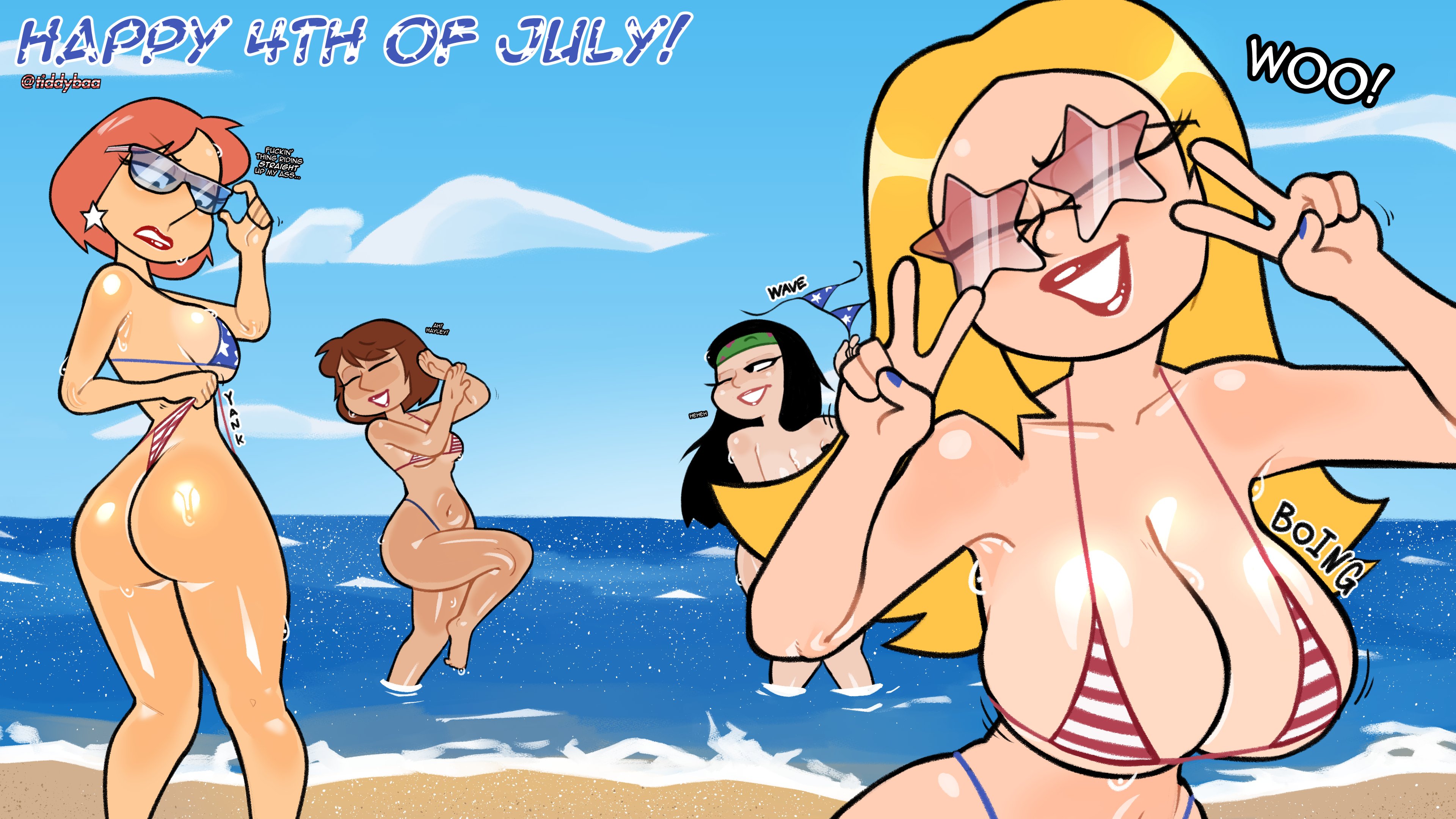 4th of july, american dad, american flag bikini, bikini, convenient censoring, family guy, francine smith, hayley smith, lois griffin, meg griffin, tagme, tiddybaa (artist)