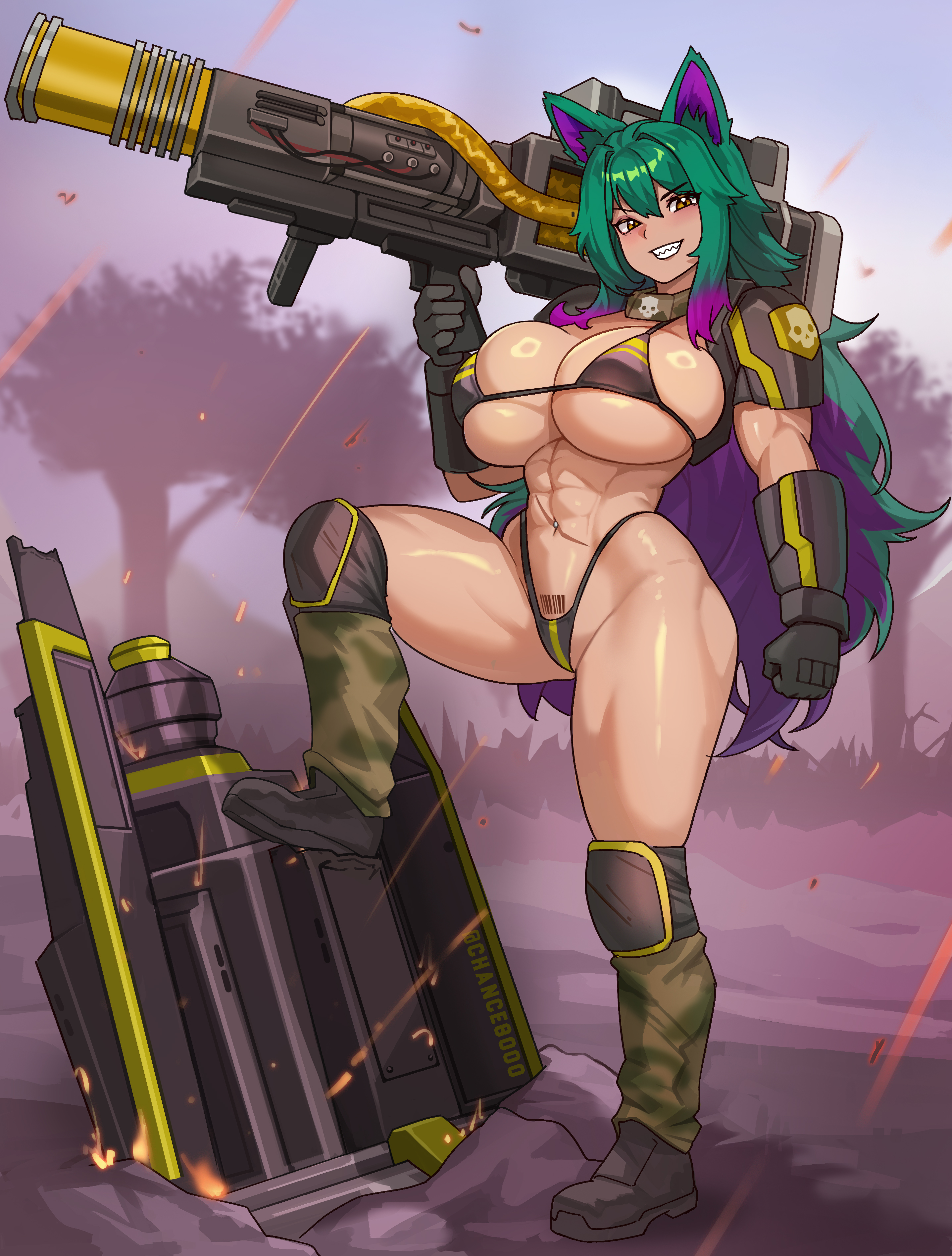 1girls, abs, absurdres, barcode, barcode tattoo, bikini, bomb, boots, brown eyes, chance8000, colored inner hair, female, fire, gloves, green hair, gun, hair between eyes, helldivers, highleg, highleg bikini, highres, huge weapon, knee pads, long hair, looking at viewer, mole, mole under eye, muscular, muscular female, nature, navel, original character, outdoors, pauldrons, pubic tattoo, purple hair, scar, sharp teeth, smile, solo, swimsuit, tattoo, toned, very long hair, weapon