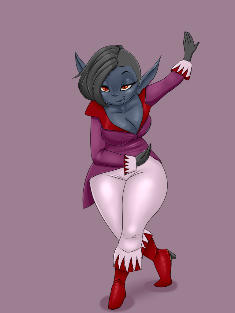 big_breasts blackbetty blue_body blue_skin breasts cleavage clothed clothing emilia_hohenstein female goblin goblin_female hair humanoid humanoid_pointy_ears looking_at_viewer mammal not_furry short_stack shortstack side_cut smile sole_female solo vampire