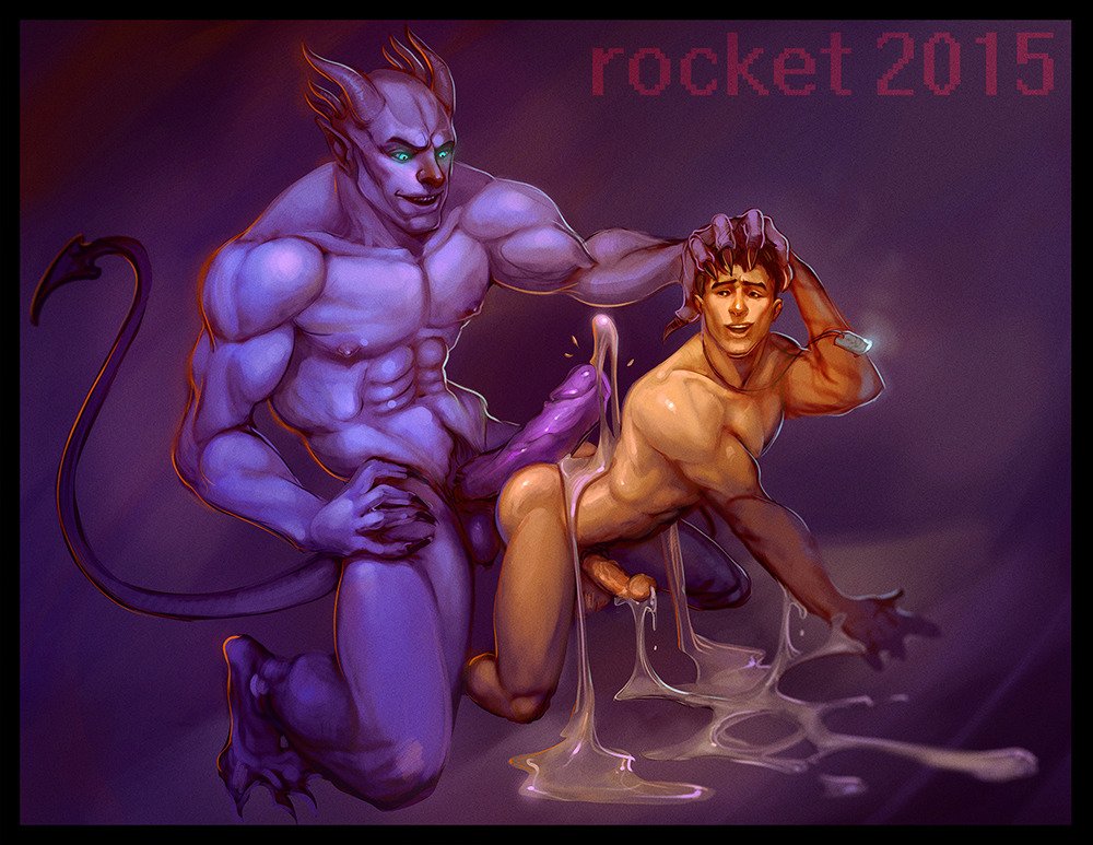 2015 2boys art_of_rocket boner cum cum_covered cum_on_body cum_on_floor cumming_on_back demon erect_penis erection gay gay_sex hard_on male_only muscles muscular muscular_male purple_skin size_difference tail twitter_user_oc uncut unnamed_character veiny_penis