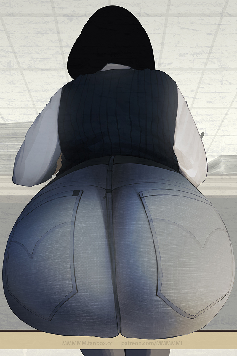 1girls, ass, back view, big ass, big butt, black hair, clothing, denim, fat ass, female, female only, huge ass, huge butt, jeans, large ass, mmmmmkun, original, original character, pants, sitting, solo, solo female, thick, thick ass, voluptuous, wide hips