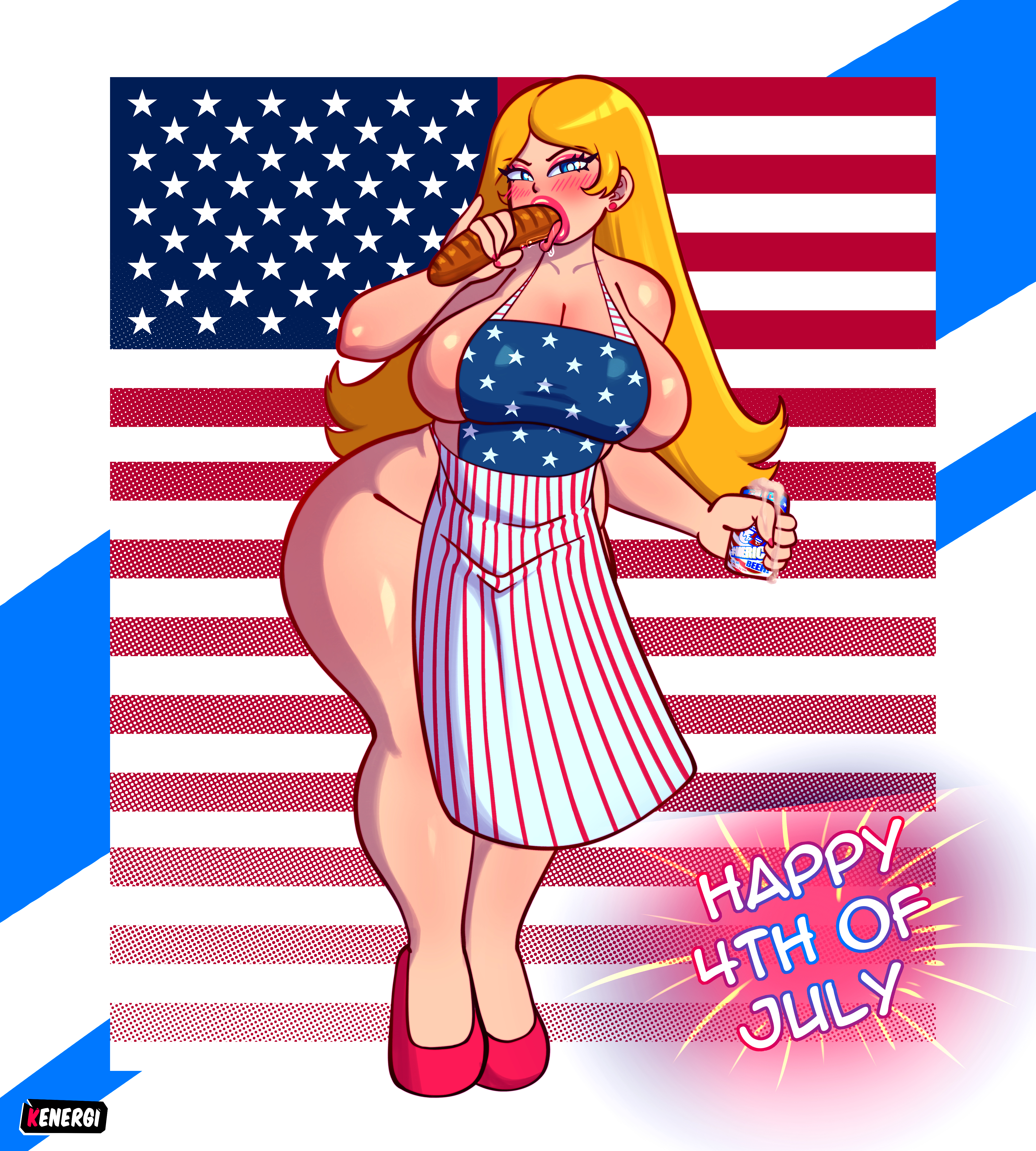 1girls, american dad, american flag, american flag print, apron, apron only, beer, beer can, big breasts, bimbo, blonde hair, blue eyes, blush, breasts, cleavage, drink, ear piercing, earrings, english, english text, eyeshadow, female, female only, footwear, fourth of july, francine smith, hair, heels, high heels, holding drink, holding food, holding object, huge breasts, kenergi, lips, lipstick, long hair, mature, mature female, mature woman, milf, mother, nail polish, nails, naked apron, object in mouth, parted lips, pink eyeshadow, pink lips, pink lipstick, pink nail polish, pink nails, sausage, sexually suggestive, solo, solo female, text, thighs, tongue, tongue out, wide hips
