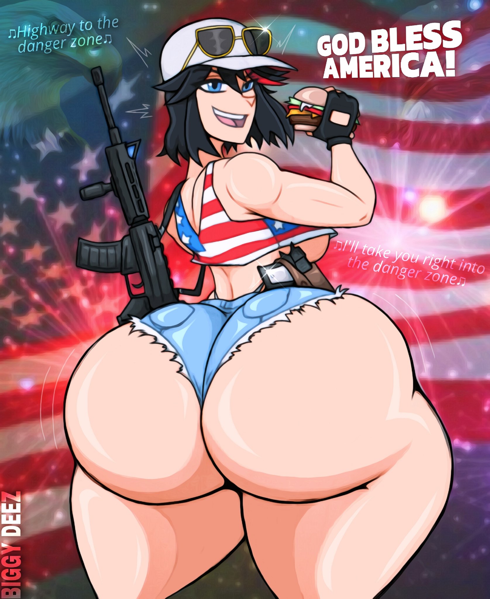 1female, 1females, 1girl, 1girls, 4th of july, asian, asian female, ass, ass focus, big ass, big booty, big butt, biggy deez, black hair, black hair female, blue eyes, blue eyes female, booty, booty focus, burger, butt, butt focus, cake, caked up, cap, cheeseburger, clothed, clothed female, clothes, clothing, curvy, curvy body, curvy female, curvy figure, curvy thighs, fat ass, fat booty, fat butt, female, female ass, female butt, female only, food, fourth of july, girl, girl only, glasses, gun, guns, hamburger, hat, huge ass, independence day, japanese, japanese female, kill la kill, matoi ryuuko, paag, round ass, short hair, short hair female, solo, solo female, solo girl, sunglasses, sunglasses on head, tagme, thicc, thick ass, thick booty, thick thighs