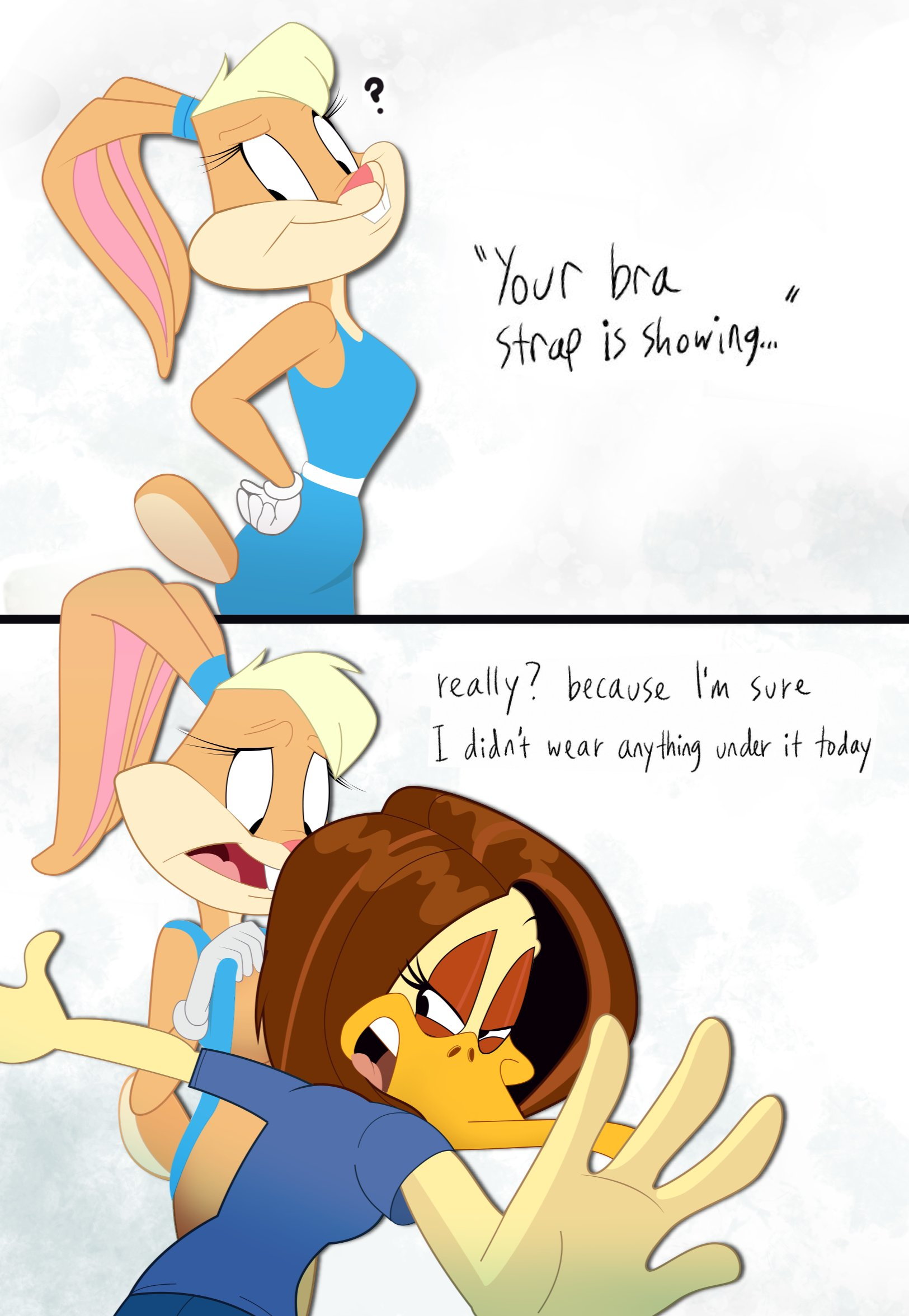 2girls, ass, bare hips, bare legs, blonde hair, blue dress, blue shirt, bottomless, bra strap is showing (meme), brown hair, buckteeth, clueless, clueless female, covering, dress, dress lift, duck, gosgoz, idiot, legs, lola bunny, looking down, looney tunes, no panties, orange fur, orange hair, rabbit, the looney tunes show, tina russo, warner bros. animation, warner brothers, yellow fur, yellow hair