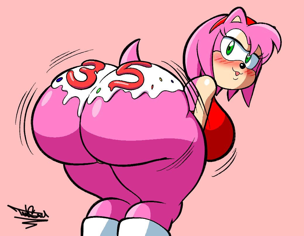 1girls, amy rose, anthro, ass, ass focus, bent over, big ass, big breasts, breasts, bubble butt, busty, fat ass, female, female only, furry, furry only, huge ass, icing, large ass, large breasts, looking at viewer, looking back, massive ass, no panties, rear view, solo, sonic (series), sonic the hedgehog (series), tail, tansau, thick ass, thick thighs, thunder thighs, wide hips
