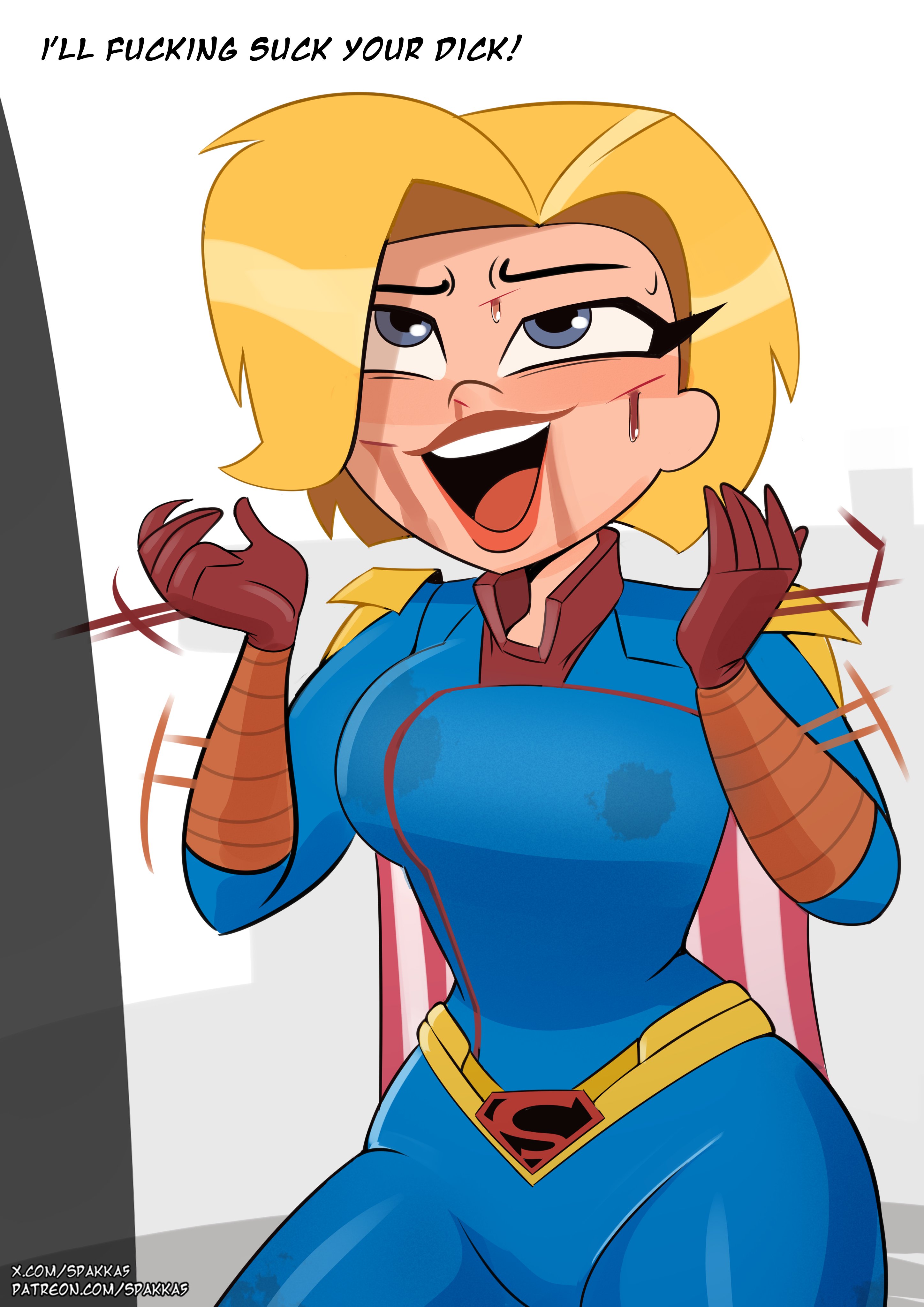 1girls, begging for sex, big breasts, blonde hair, blue eyes, breasts, cape, cosplay, dc, dc comics, dc super hero girls, female, female kryptonian, female only, homelander (cosplay), inminent blowjob, kara danvers, kara zor-el, kryptonian, meme, scene reference, short hair, spakka5, supergirl, superman (series), the boys, wet, wet breasts