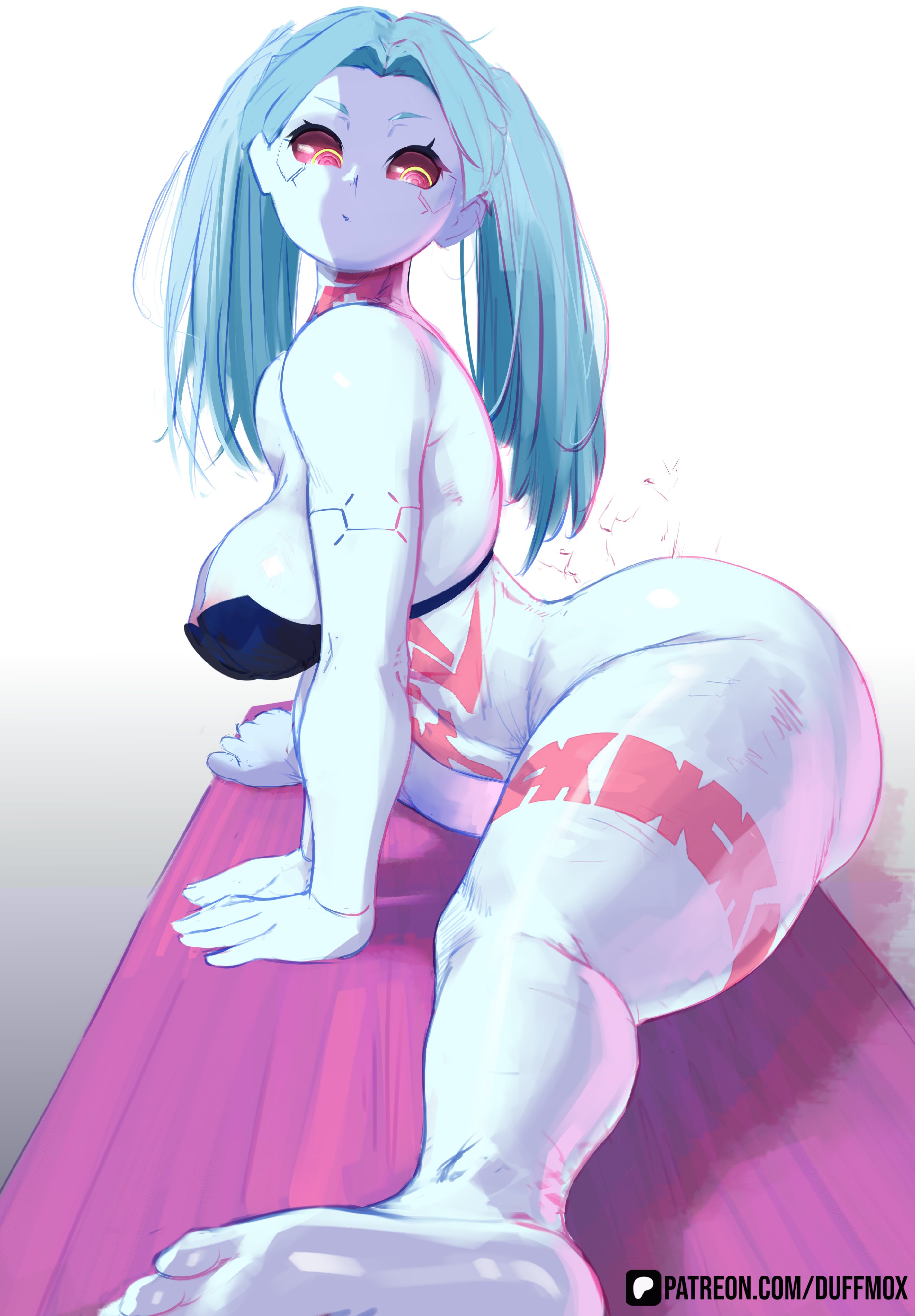big ass, big breasts, cyberpunk: edgerunners, duffmox, naked, pale skin, pale-skinned female, rebecca (edgerunners), red eyes, shortstack, tattoo, teal hair, underwear
