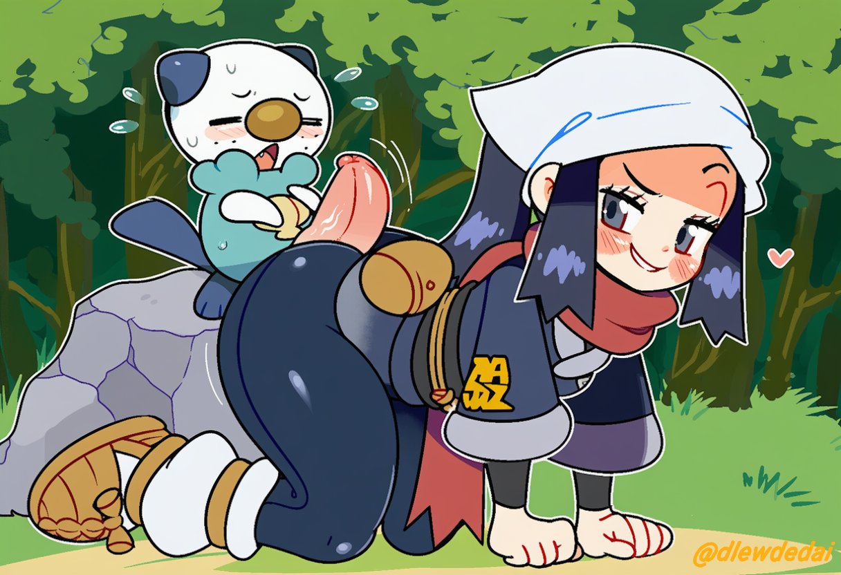 1boy, 1girls, ai assisted, ai generated, akari (pokemon), buttjob, clothed, dlewdedai, oshawott, pokemon, pokemon (species), pokemon legends: arceus, pokephilia, size difference, small but hung, smaller male, teasing