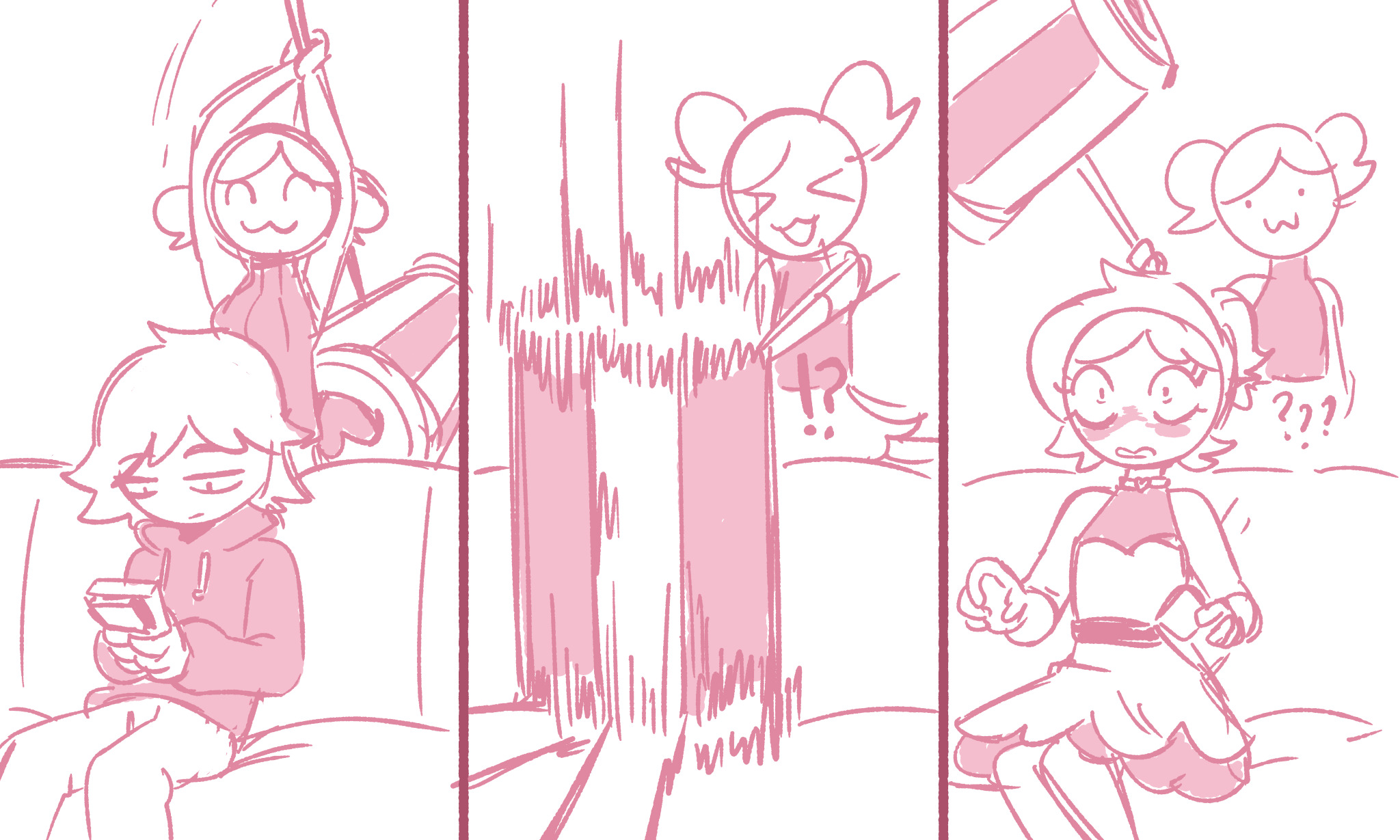 !?, ???, 1boy, 1boys, 1femboy, 1girls, 3 panel comic, 3koma, 3panels, before and after, blush, blushing, confused, confused look, crossdressing, crossdressing male, dress, edith is dead, feminization, feminized, flustered, forced feminization, forced transformation, hammer, monochrome, surprised, surprised expression, transformation, transformation sequence