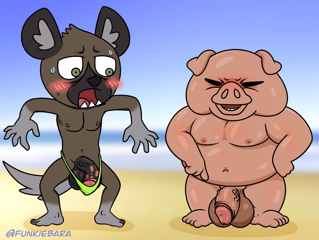 aggressive_retsuko anthro balls beach big_balls blush clothing director_ton domestic_pig duo funkiebara genitals haida hyaenid ineffective_clothing male male_only mammal nude penis sanrio seaside smooth_fur suid suina sus_(pig)