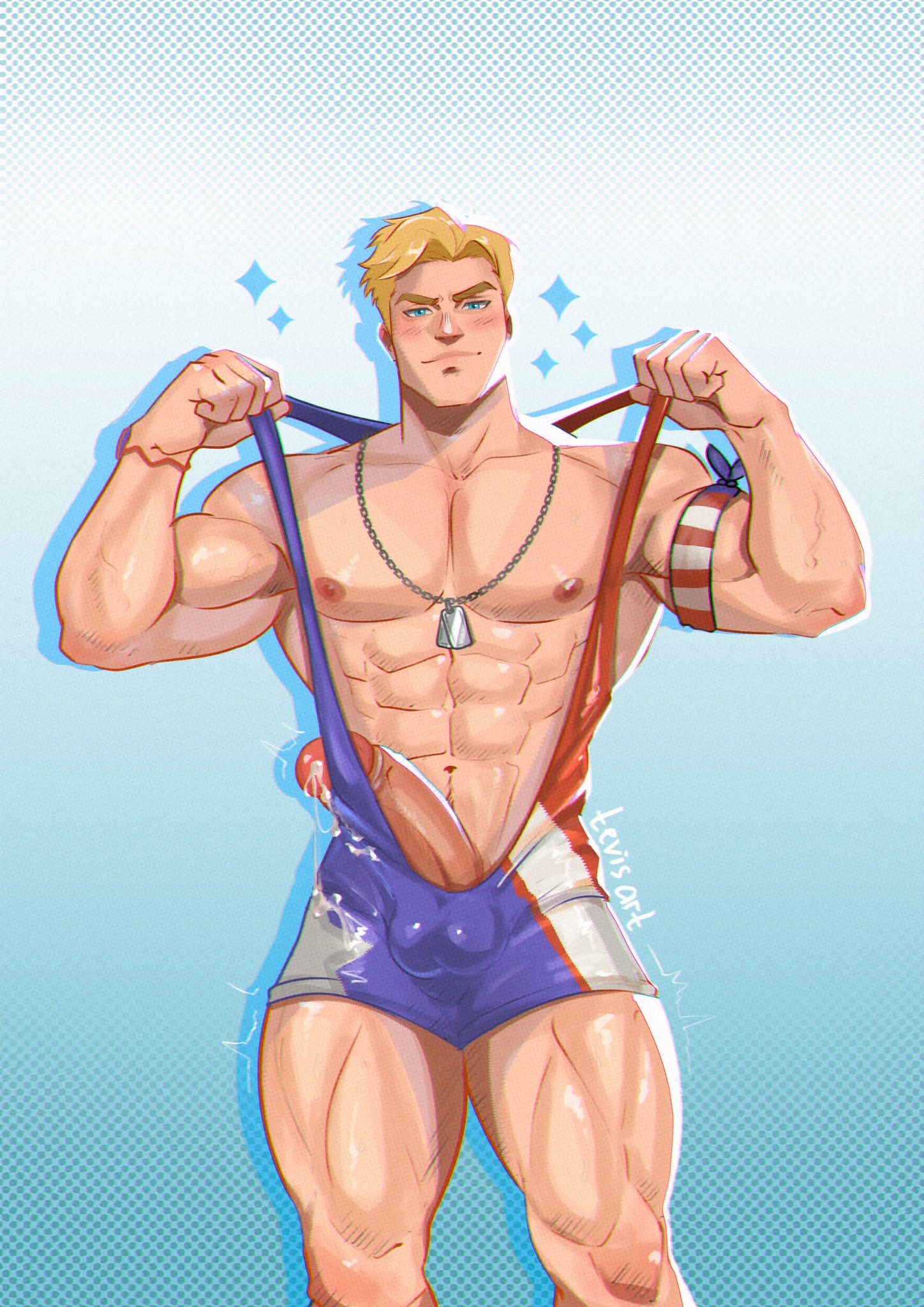 bara, big penis, blonde hair, blue eyes, bulge, captain america, captain america (marvel rivals), cock, dick, gay, male, male only, marvel, marvel rivals, muscular, muscular male, penis, solo, summer, tevis art