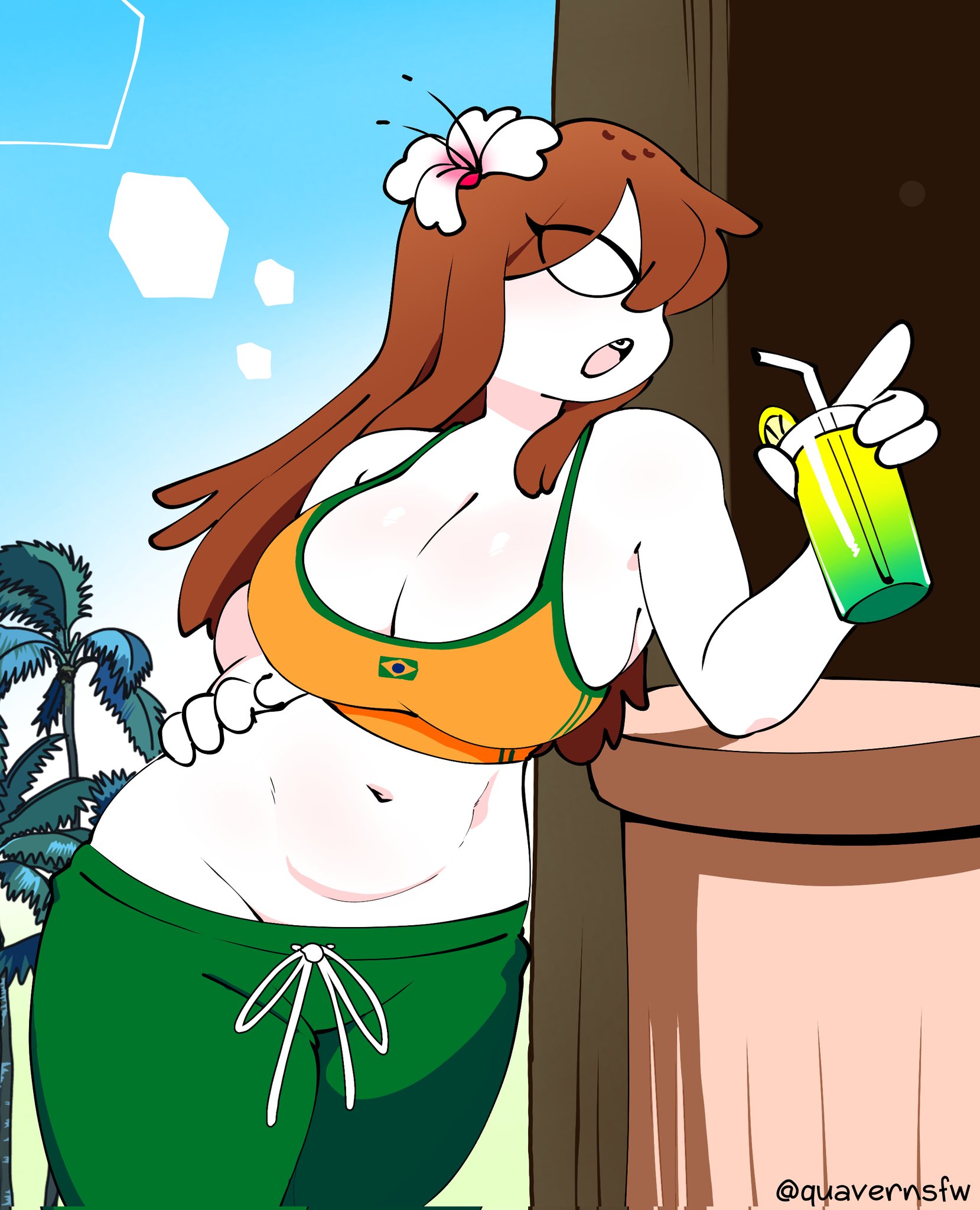 brazilian flag, breasts, brown hair, coco (quavernsfw), curvy, curvy figure, original, pussy line, quavernsfw, thick thighs, tits, topwear, white eyes