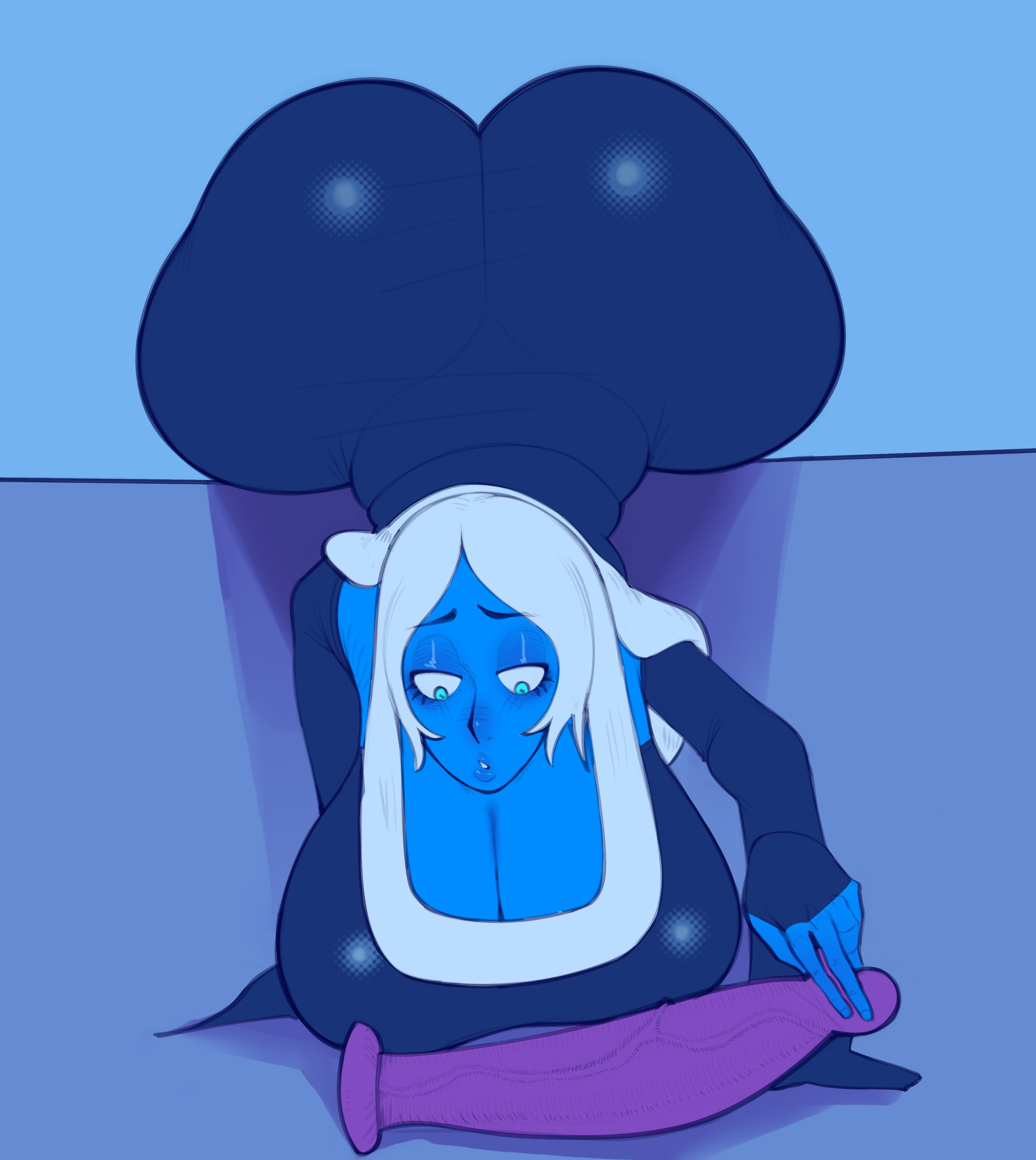 1girls, ass, big ass, big breasts, big dildo, blue body, blue diamond (steven universe), blue eyes, blue skin, blue theme, breasts, dildo, dress, front facing with ass, huge ass, huge breasts, large breasts, laulau, laulaut, long hair, looking at viewer, penis, pov, solo, steven universe, white hair