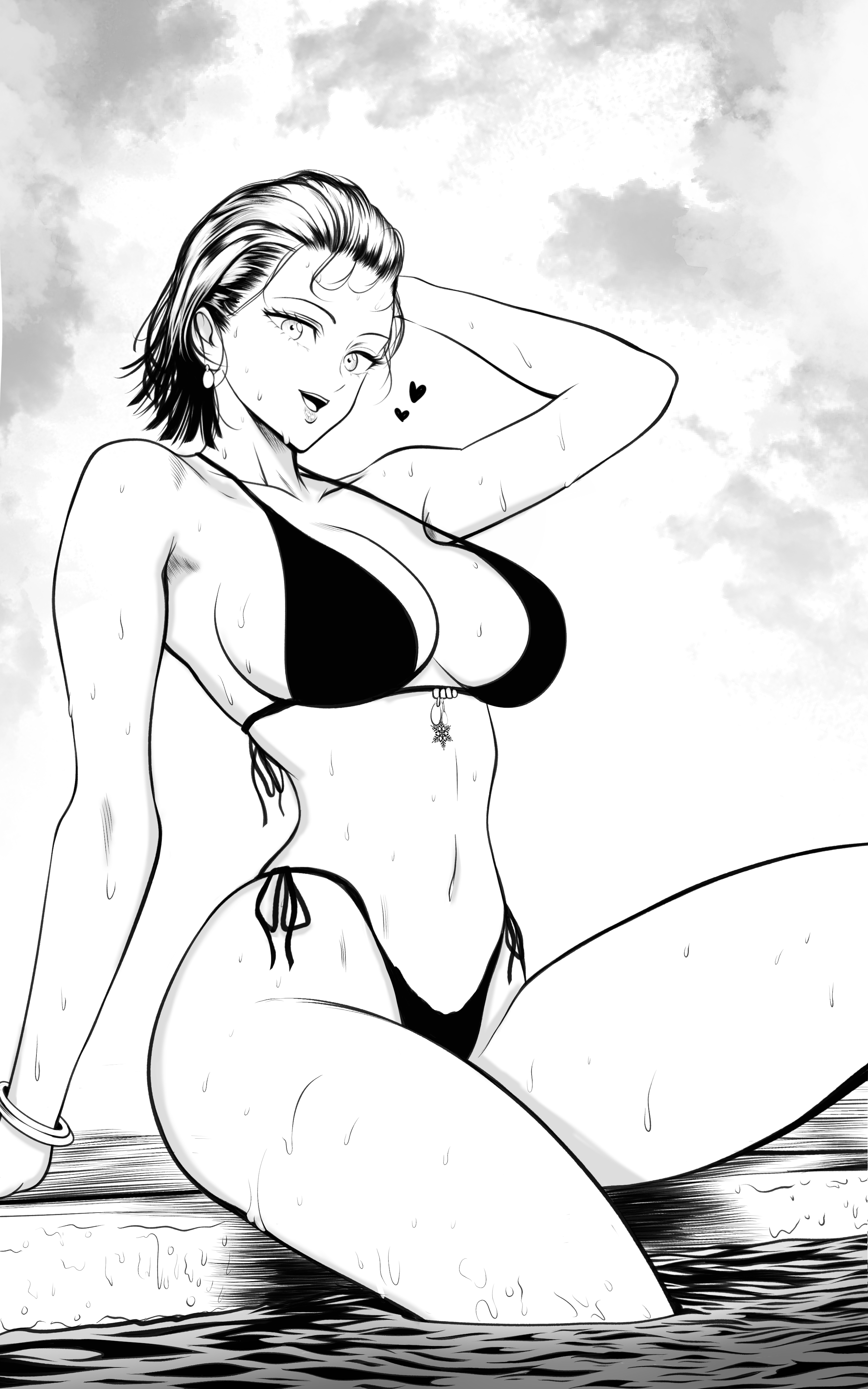 1girls, armwear, big breasts, bikini, bikini bottom, bikini top, black and white, black bikini, black eyes, black hair, bottomwear, bracelet, breasts, cleavage, ear piercing, earrings, female, female only, fubuki (one-punch man), hand behind head, heart, hearts, high resolution, highres, hips, huge breasts, lips, monochrome, mostlybluewyatt, one-punch man, smile, solo, solo female, swimwear, topwear, wet, wet body, wet skin