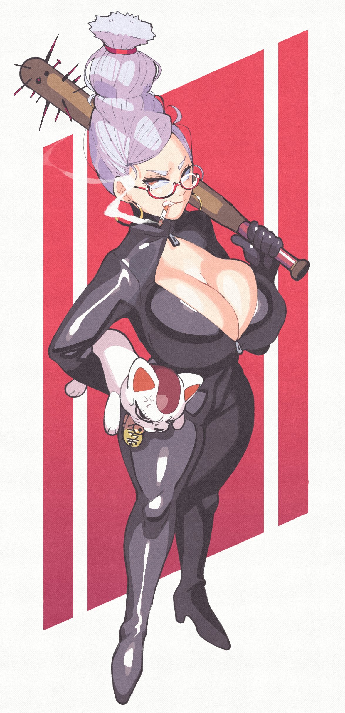 1girl, ayase seiko, baseball bat, black bodysuit, bodysuit, boobs, breasts, brown eyes, cleavage, cleavage cutout, clothing cutout, covered navel, covered nipples, dandadan, earrings, female, female focus, glasses, hair bun, highres, holding, holding bat, hoop earrings, huge breasts, inkerton-kun, inkuusan, jewelry, large breasts, looking at viewer, parted lips, single hair bun, skin tight, turbo granny (dandadan), white hair