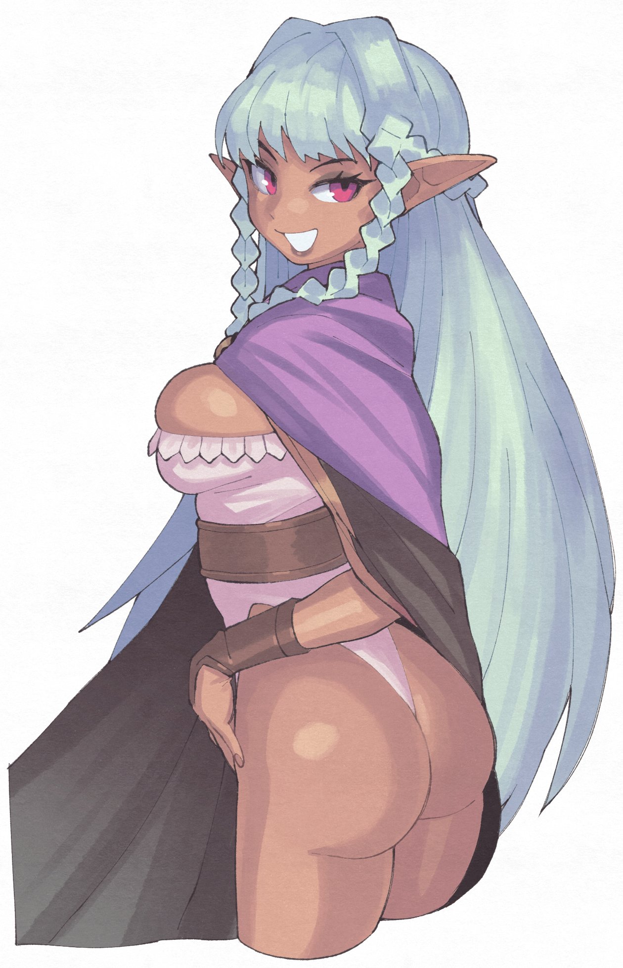 1girls, ass, breasts, dark elf, dark skin, dark-skinned female, elf, elf ears, elf female, elf girl, female, female only, green hair, inkerton-kun, inkuusan, leotard, long hair, pointy ears, purple eyes, rosalinde (unicorn overlord), sideboob, solo, unicorn overlord, white leotard