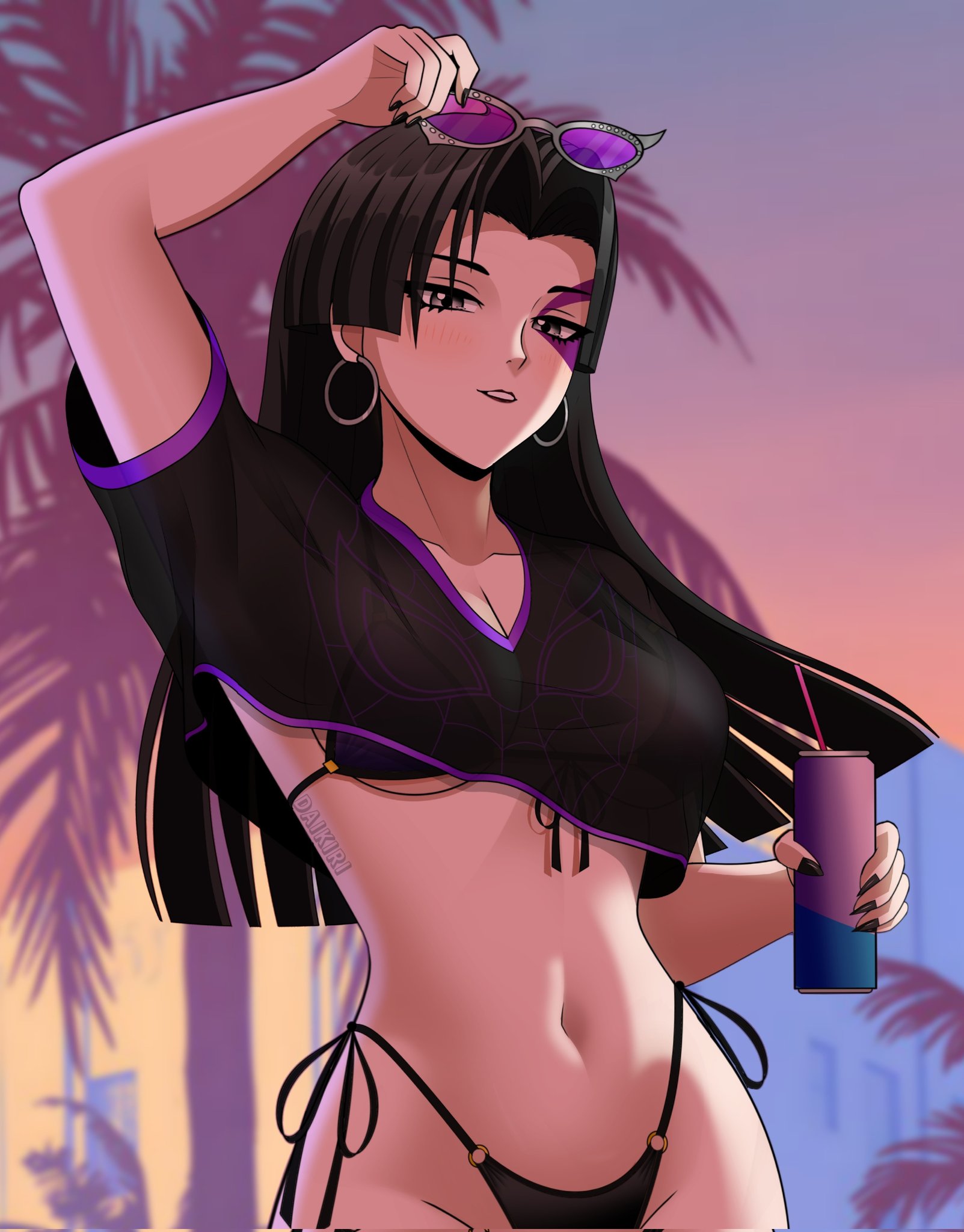 2d, bikini, black hair, black lipstick, breasts, clothed, daikiri di mon, fully clothed, grand theft auto, grand theft auto vi, grey eyes, gta vi cover girl, looking at viewer, marvel, marvel rivals, psylocke, psylocke (sai) (vengeance), short shirt, smiling, solo, sunset