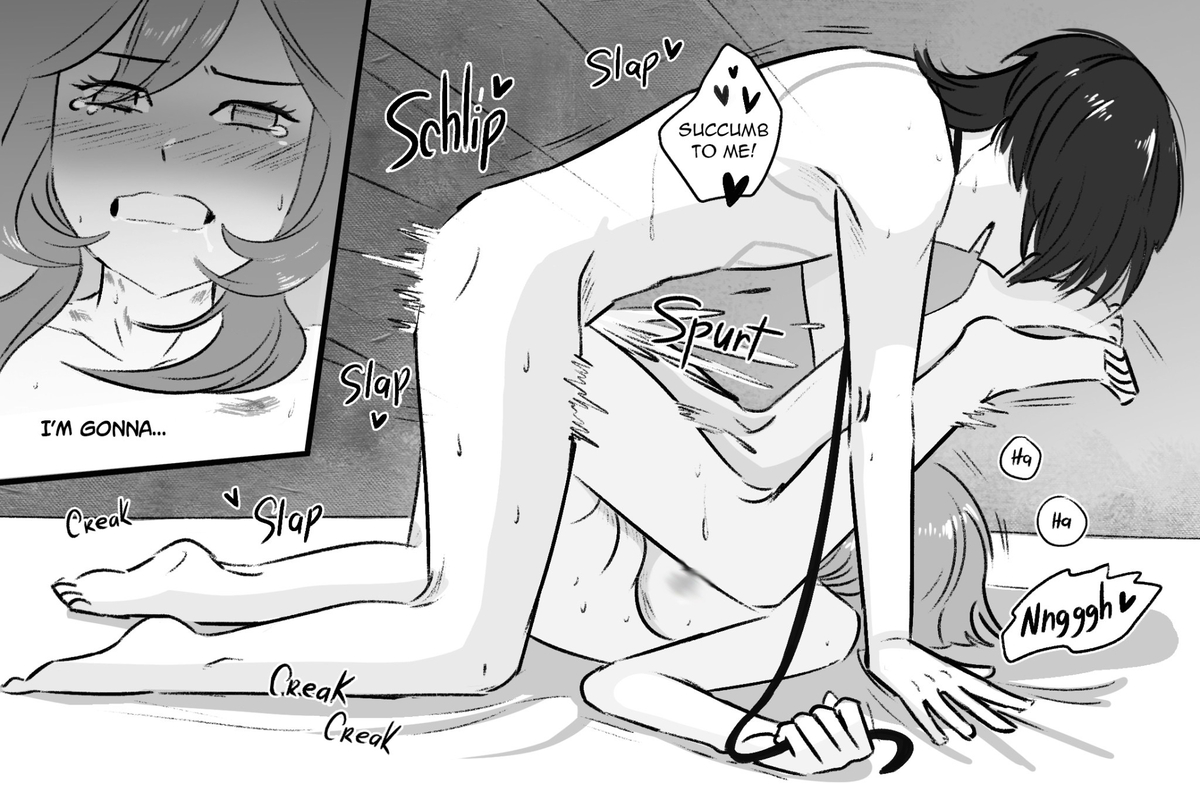1boy, 1girl, blush, clenched teeth, domination, english text, female, female penetrated, femsub, folded, genshin impact, heart, leash, lumine (genshin impact), male, male penetrating, male/female, maledom, moaning, motion lines, scaramouche (genshin impact), sex, straight, thrusting, wanderer (genshin impact)