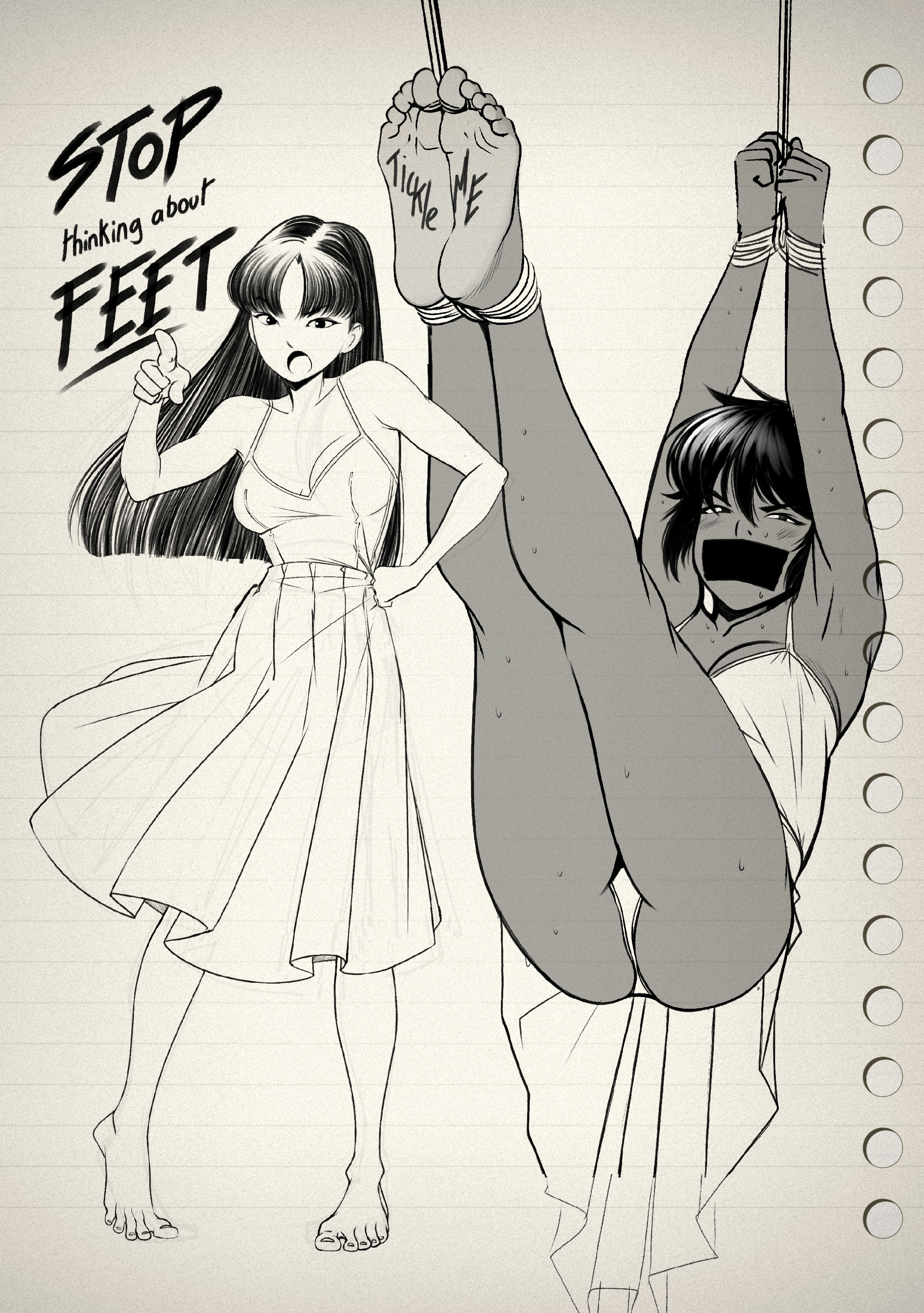 2girls, absurdres, barefoot, best feet, black hair, black toenail polish, bondage, countershade feet, curled toes, cute female feet, feet, female focus, foot fetish, foot focus, foot play, foot worship, highlighted soles, highres, imminent foot worship, kidetic, kusujinn, long hair, meme reference, monochrome, oc, original characters, presenting feet, restrained, sexy feet, sexy female, short girl, short hair, showing feet, size difference, sketch, sketchbook, soles, soles fetish, stop thinking about sex, stop thinking about sex (meme), sweatdrop, sweating, tall female, tanned female, tanned tomboy, tied up, toes, two tone feet, wrinkled feet, writing on feet, writing on soles